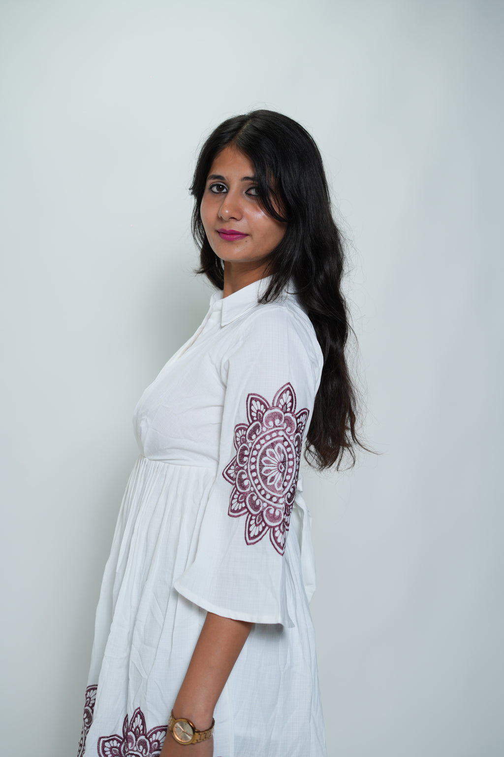 White Collar Neck Dress With Purple Embroidery