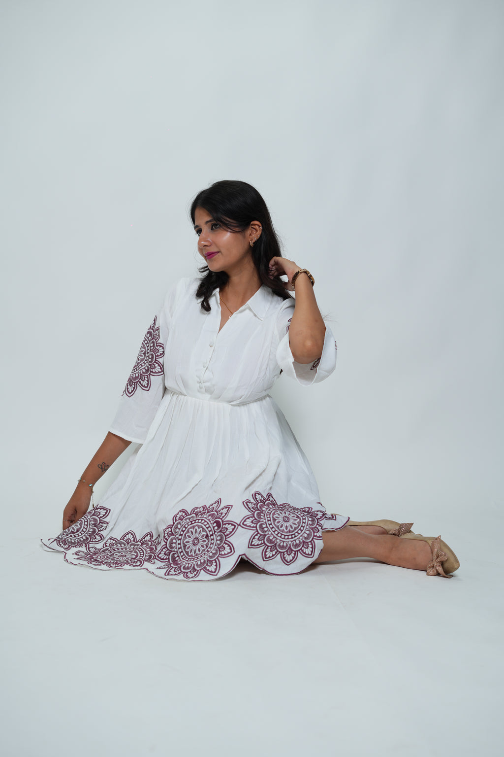 White Collar Neck Dress With Purple Embroidery