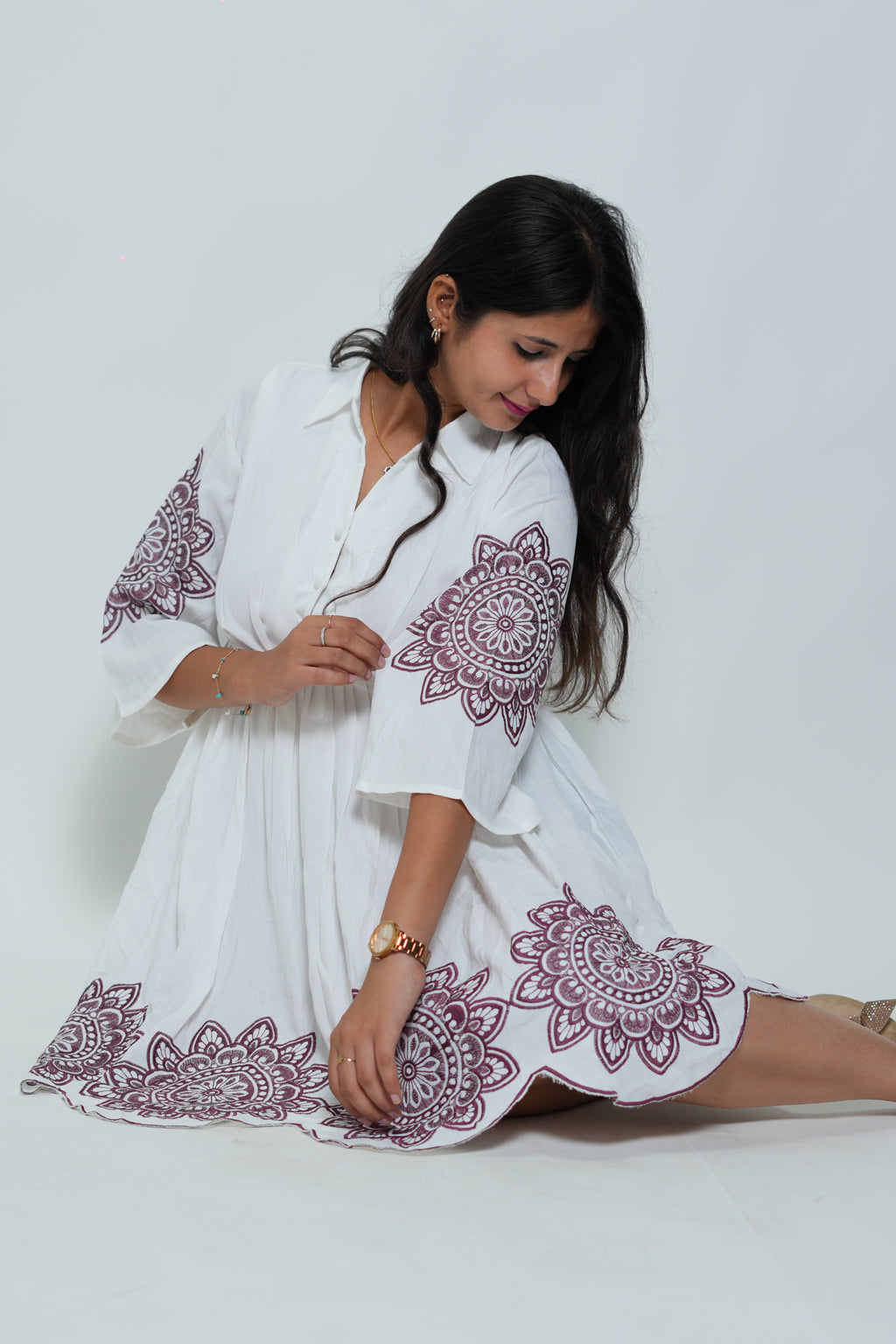 White Collar Neck Dress With Purple Embroidery