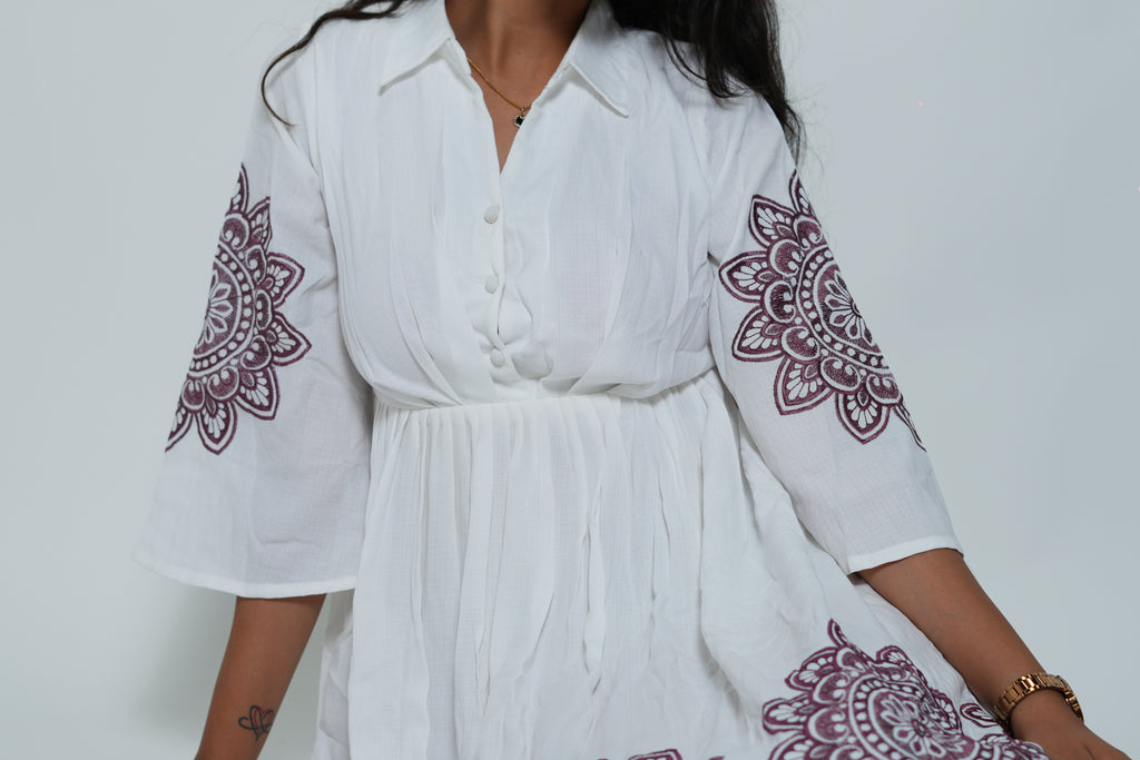 White Collar Neck Dress With Purple Embroidery