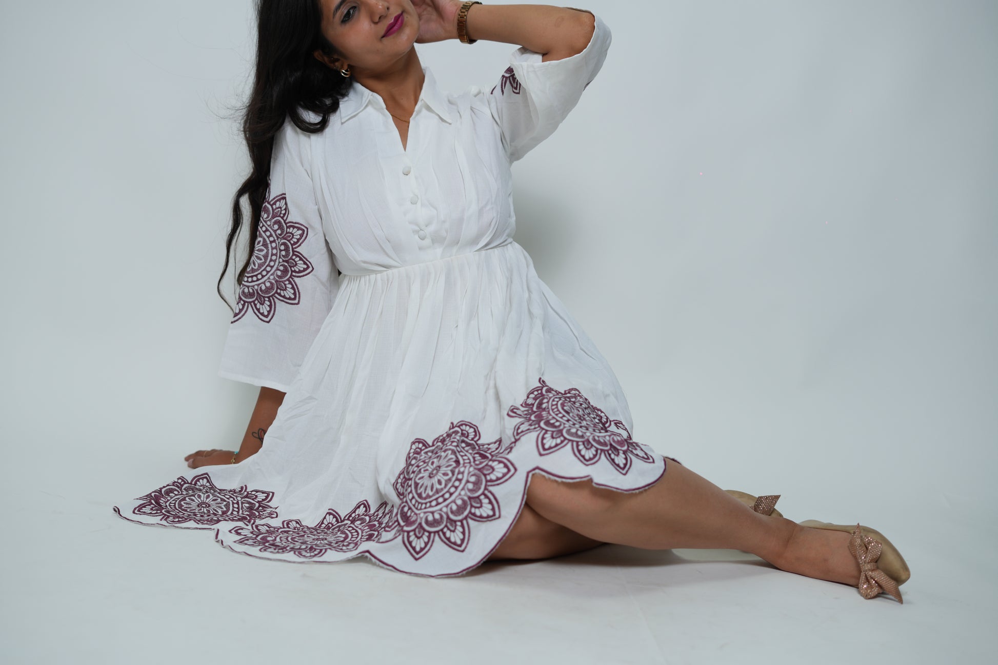 White Collar Neck Dress With Purple Embroidery