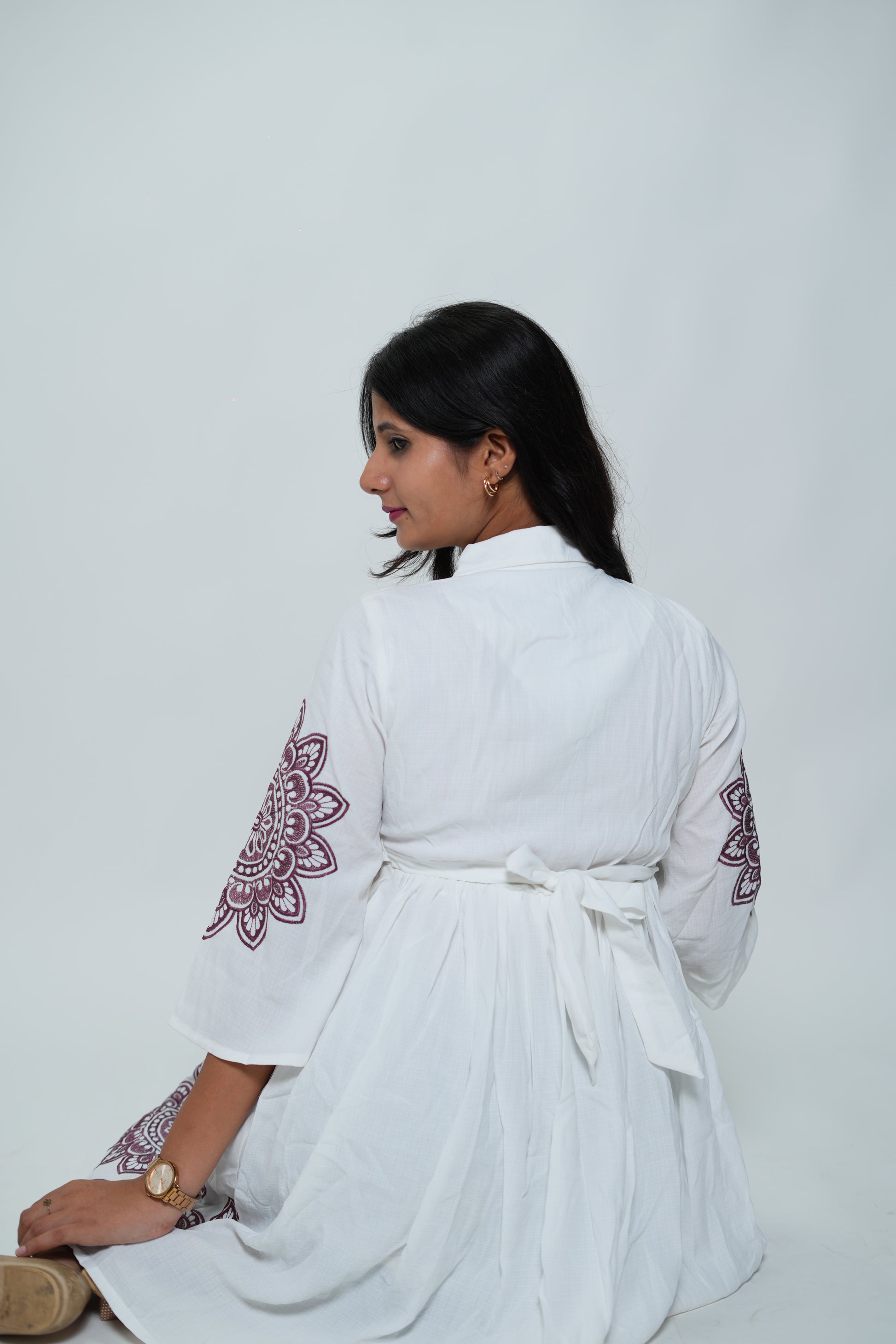 White Collar Neck Dress With Purple Embroidery