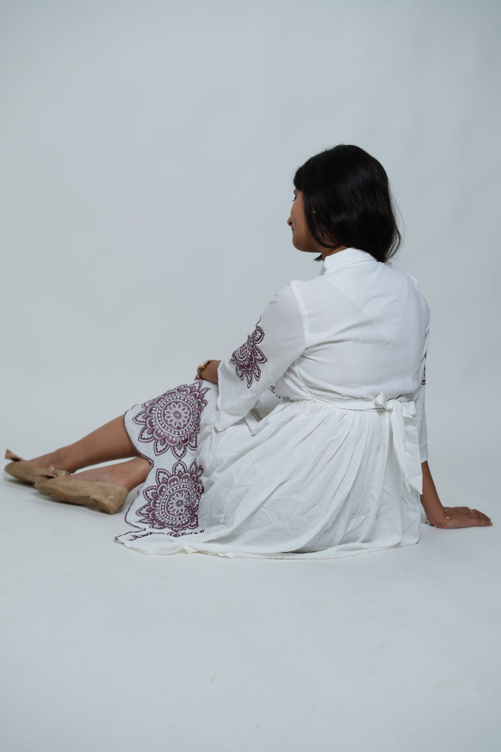 White Collar Neck Dress With Purple Embroidery