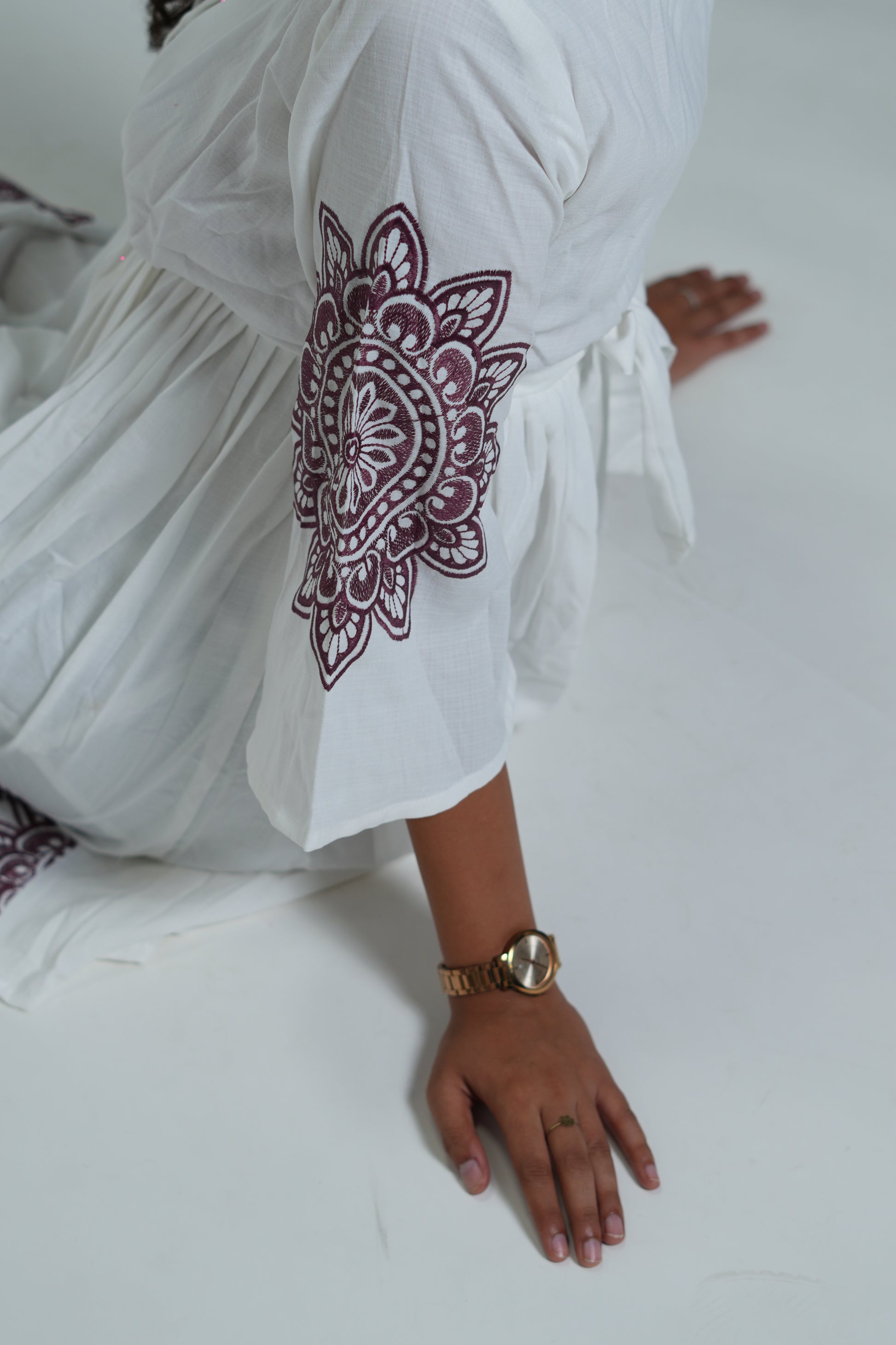 White Collar Neck Dress With Purple Embroidery