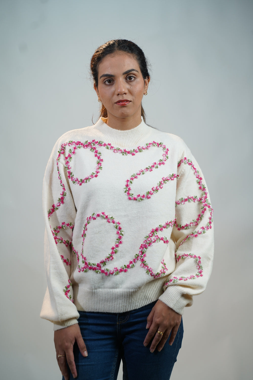 Floral Embellished Sweater White