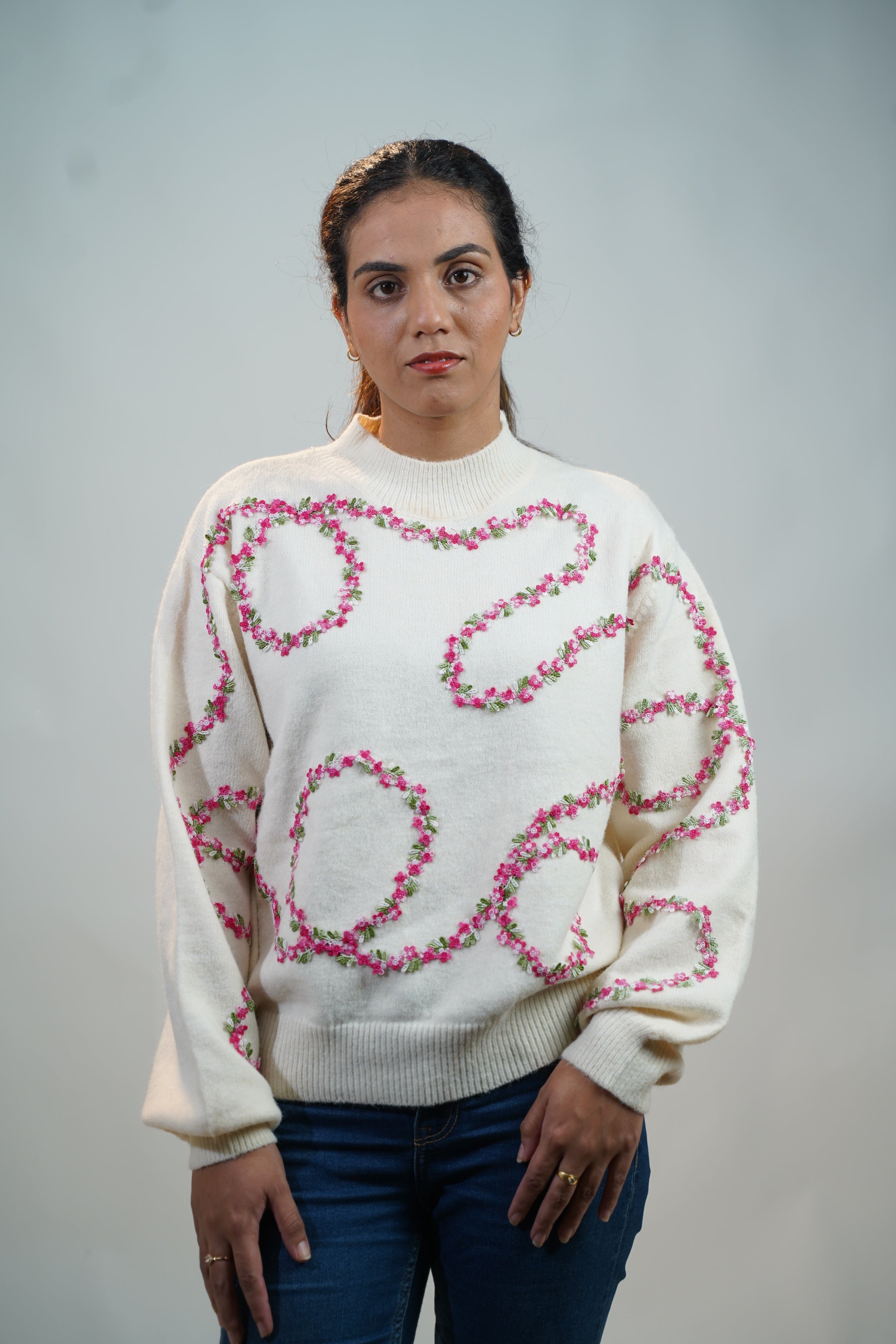 Floral Embellished Sweater White