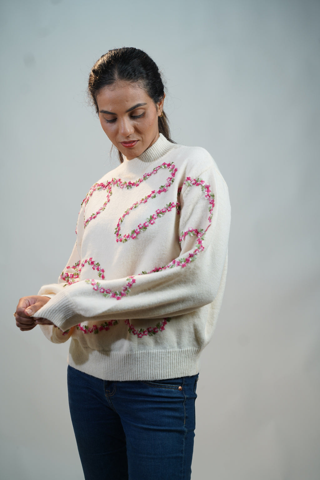Floral Embellished Sweater White