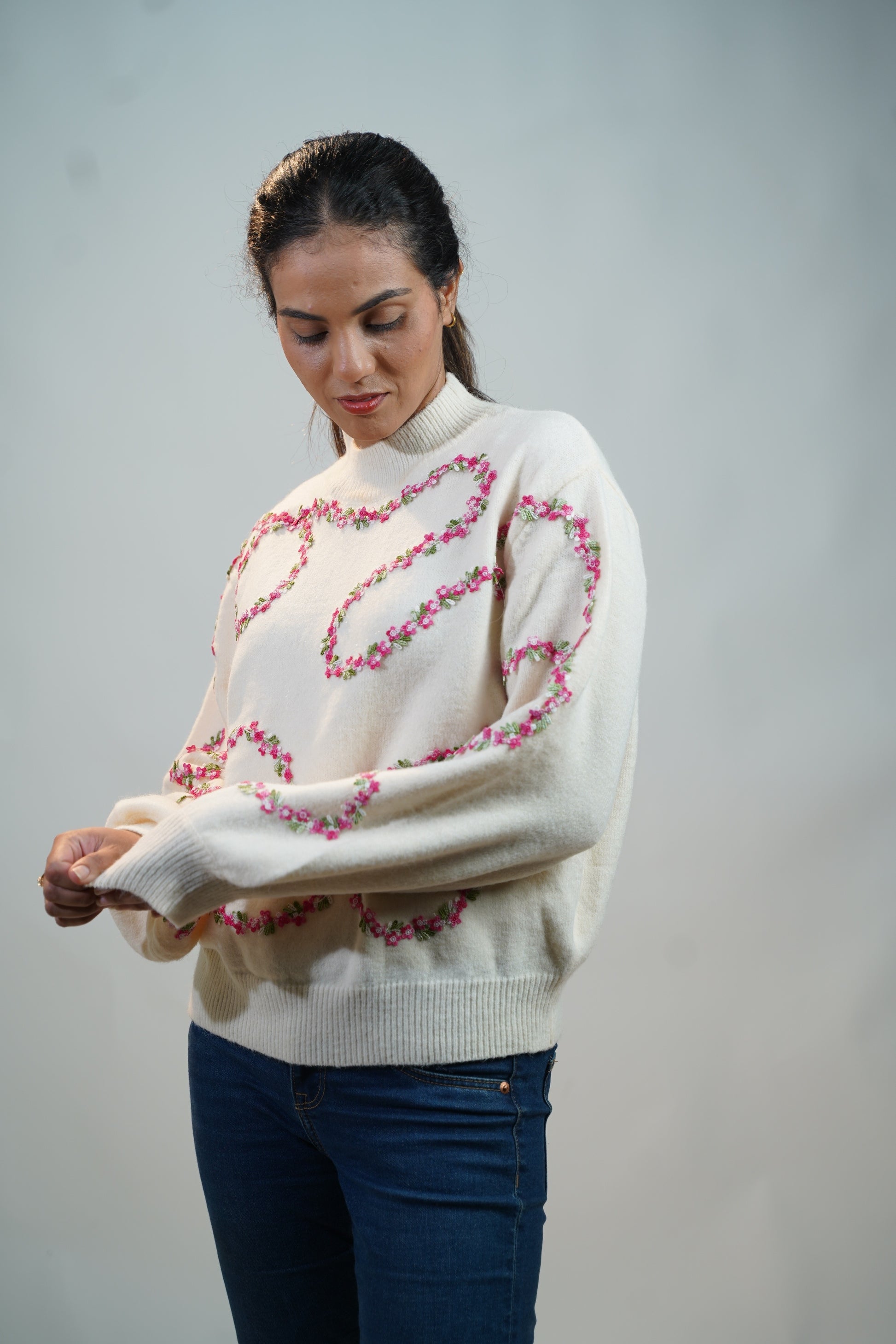 Floral Embellished Sweater White