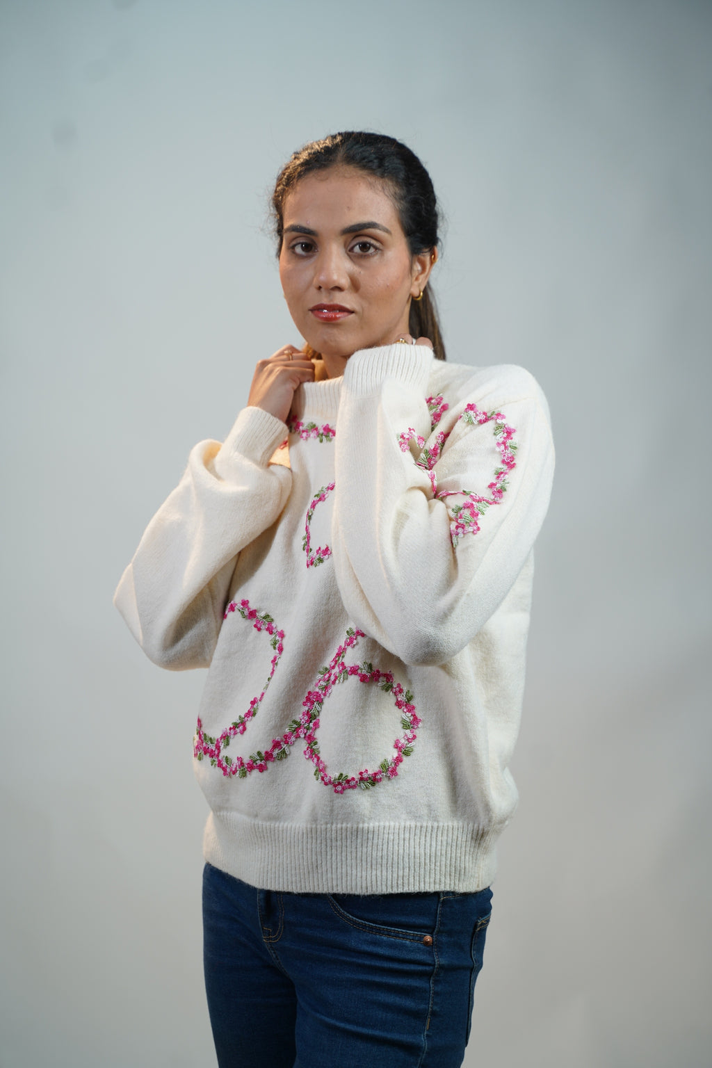 Floral Embellished Sweater White