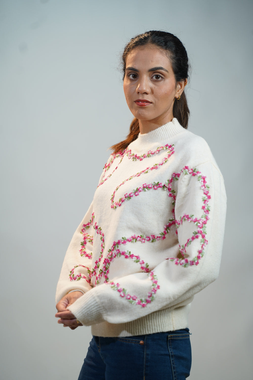 Floral Embellished Sweater White