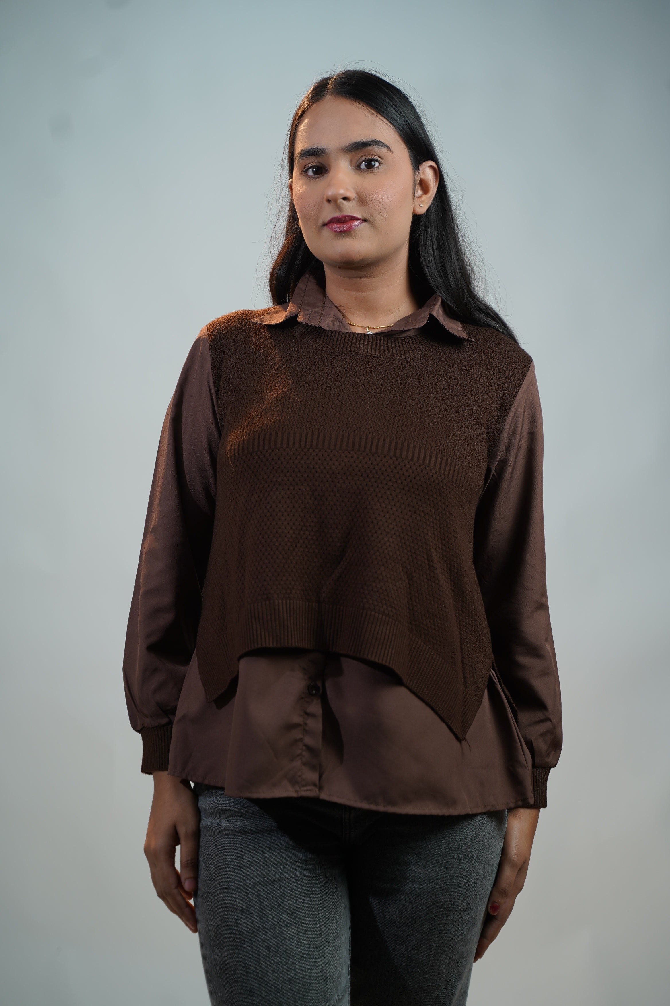 Shirt-Sweater Fusion Top Brown
