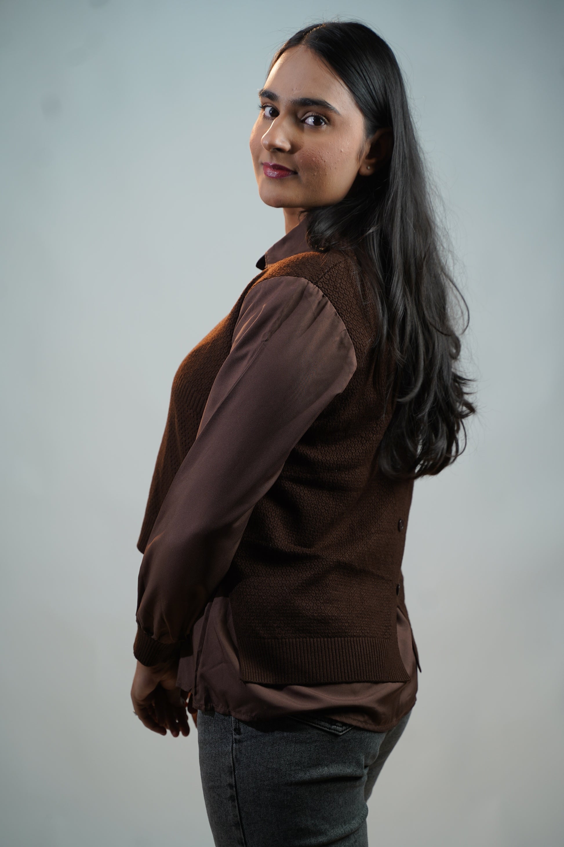 Shirt-Sweater Fusion Top Brown