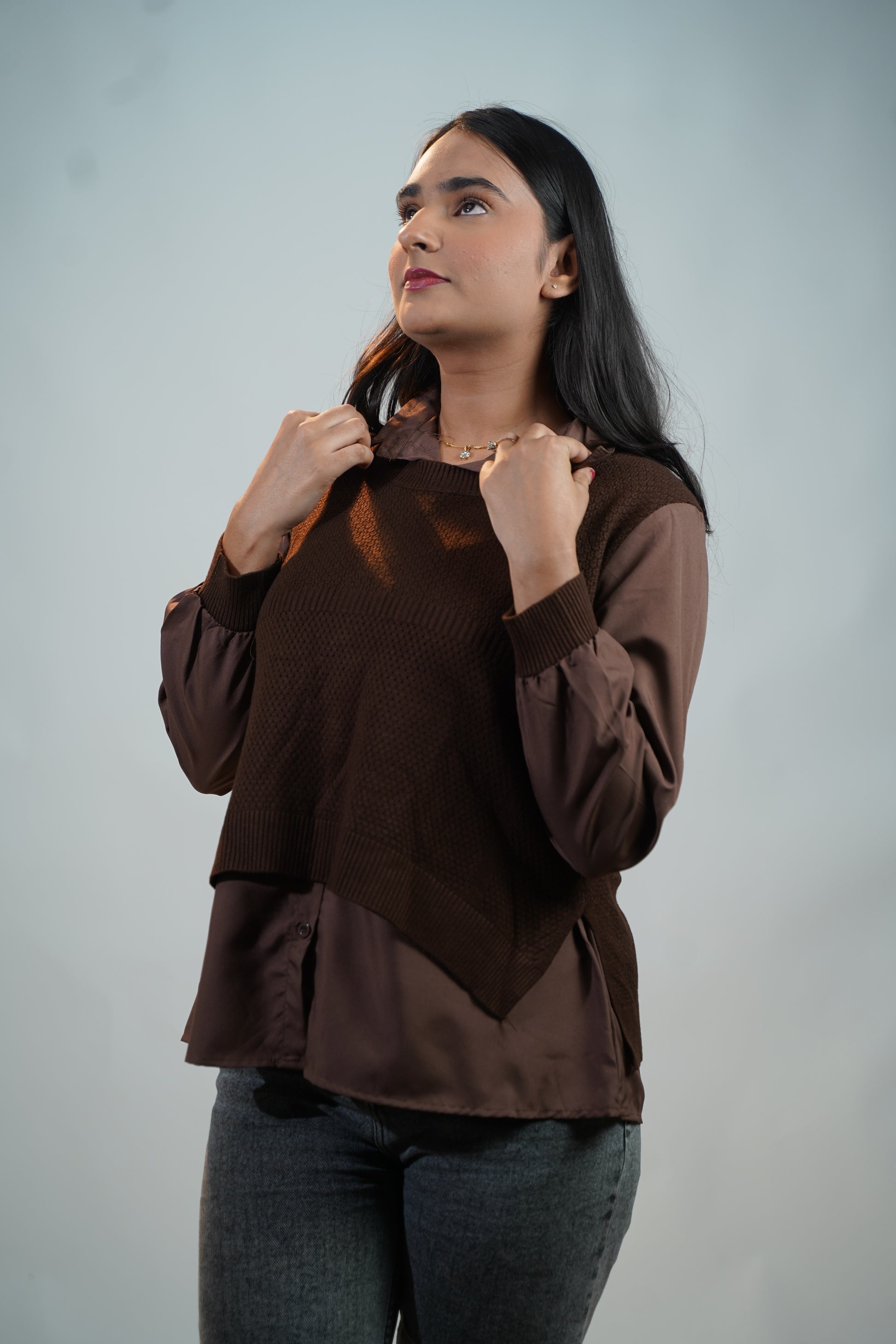 Shirt-Sweater Fusion Top Brown