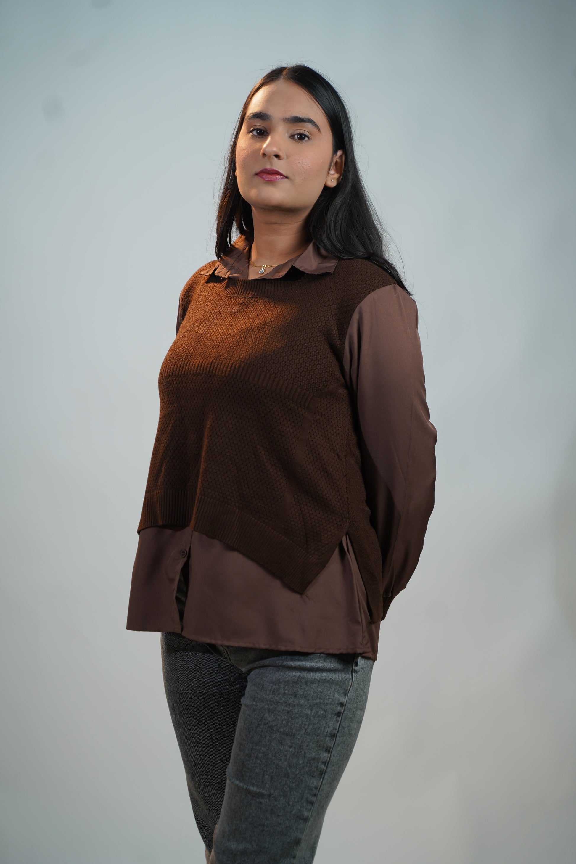 Shirt-Sweater Fusion Top Brown