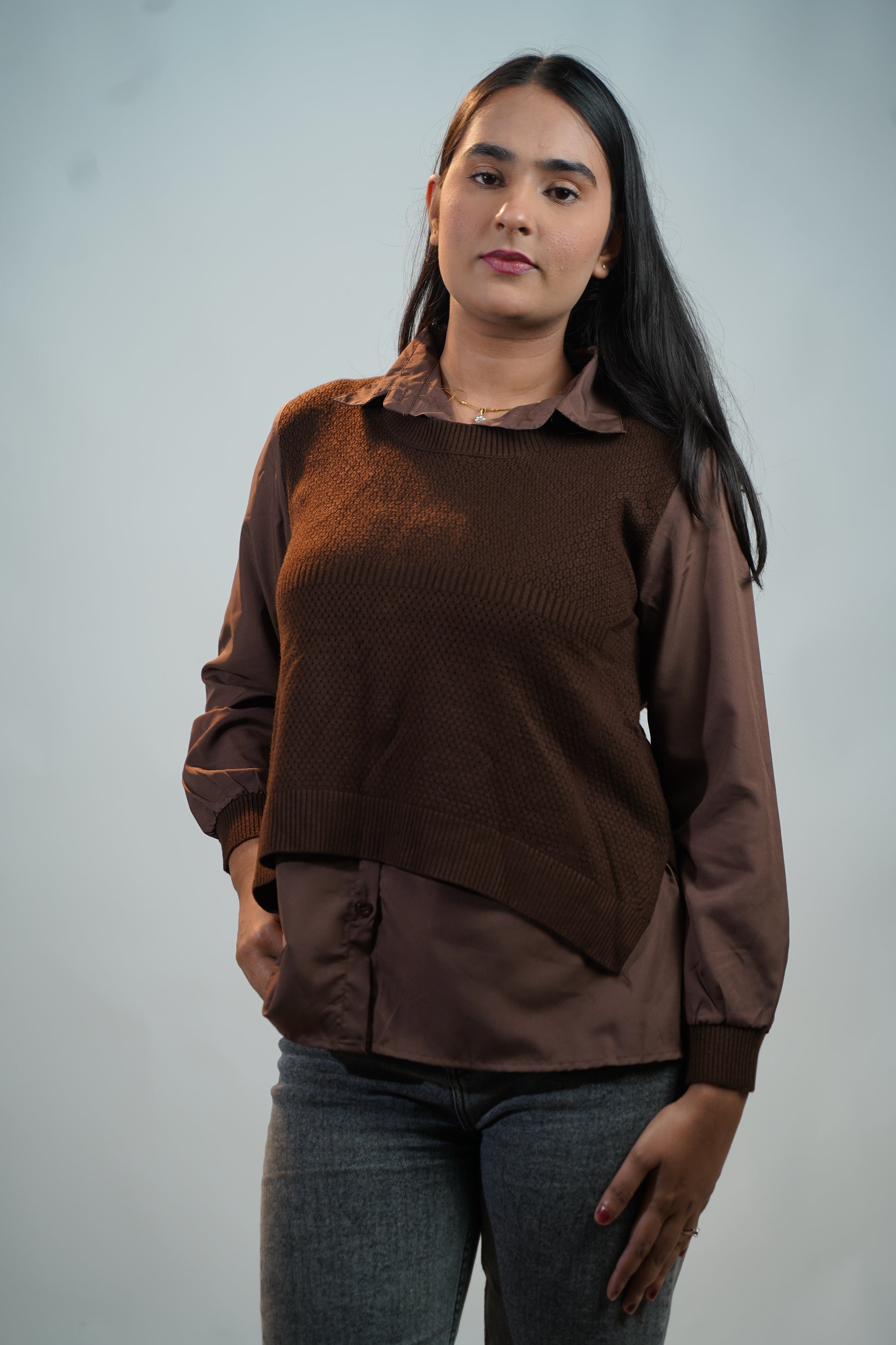 Shirt-Sweater Fusion Top Brown