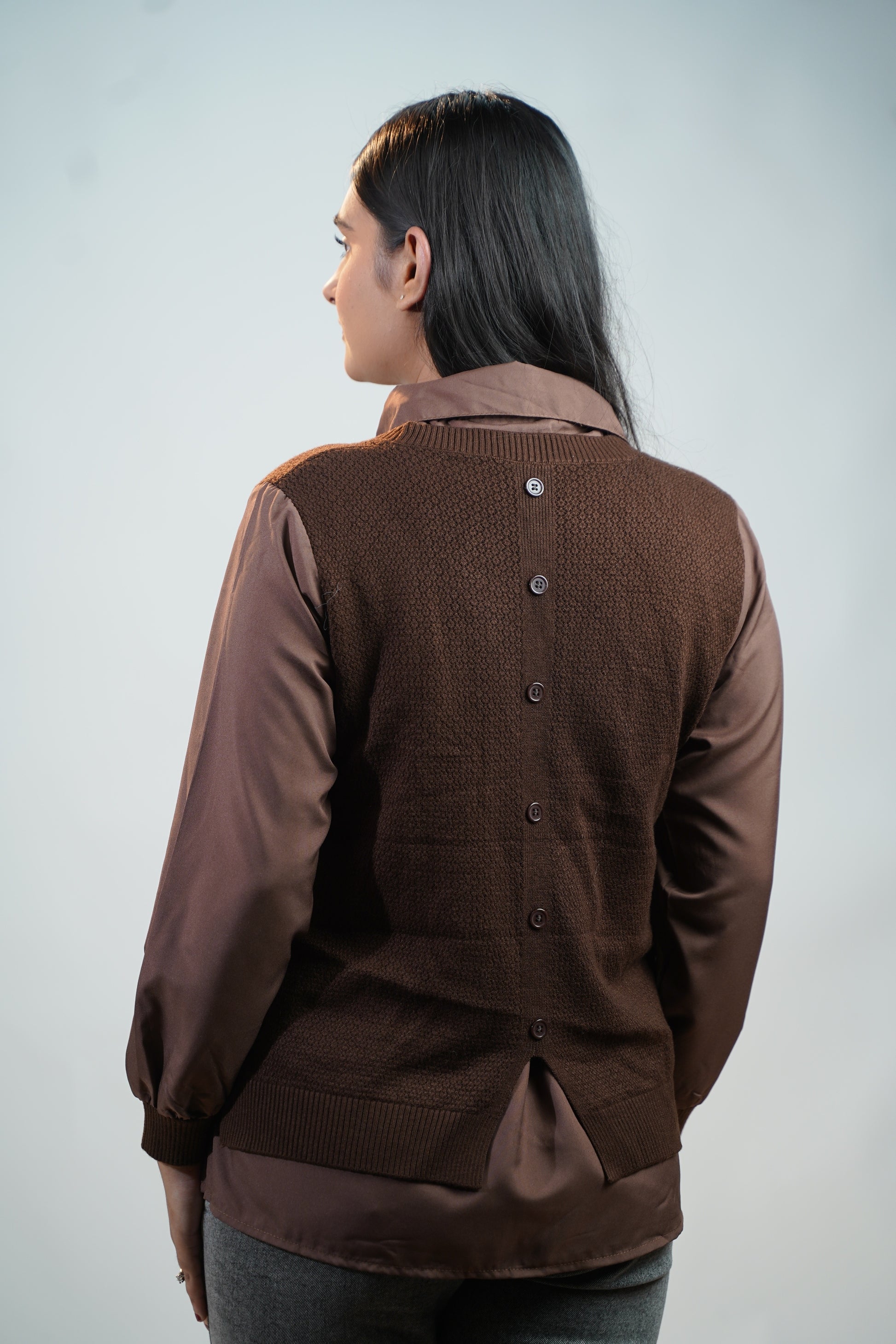 Shirt-Sweater Fusion Top Brown