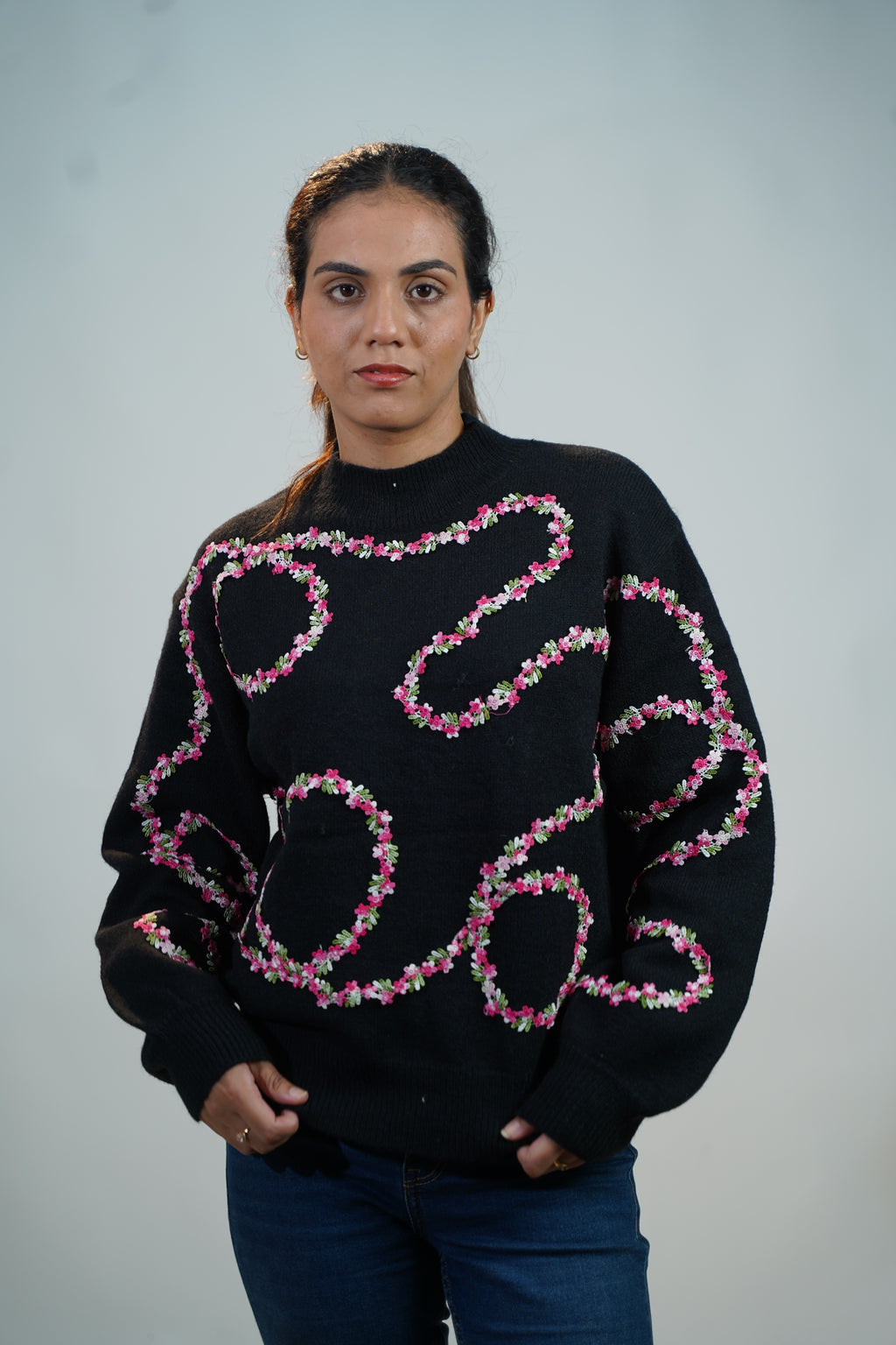 Floral Embellished Sweater Black