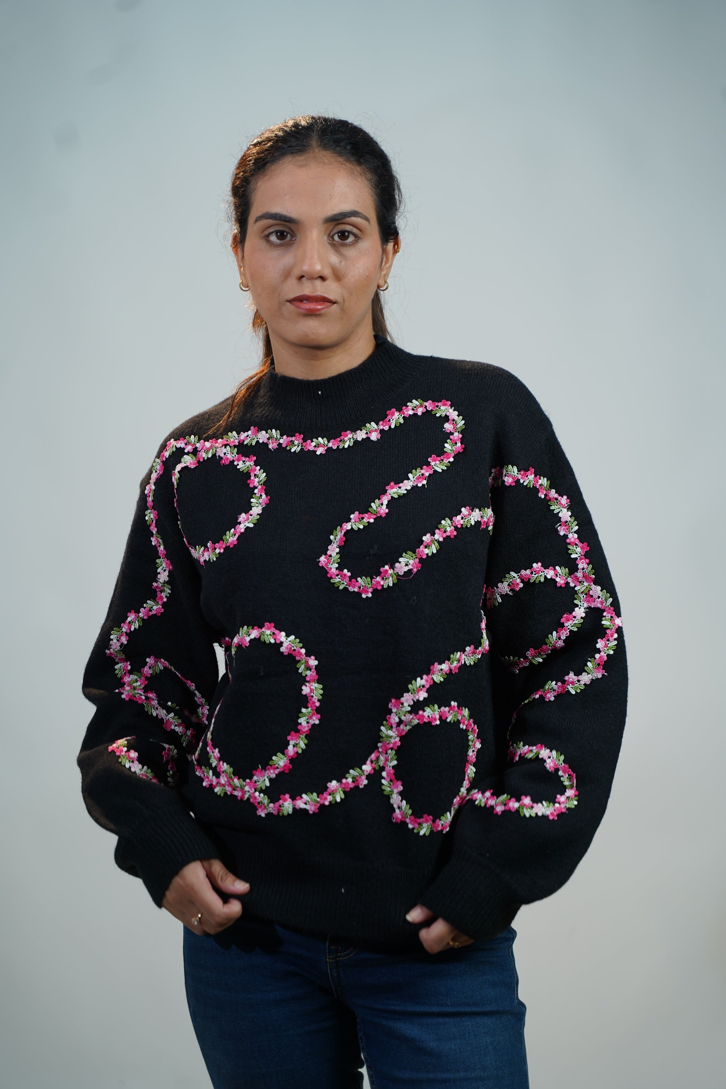 Floral Embellished Sweater Black