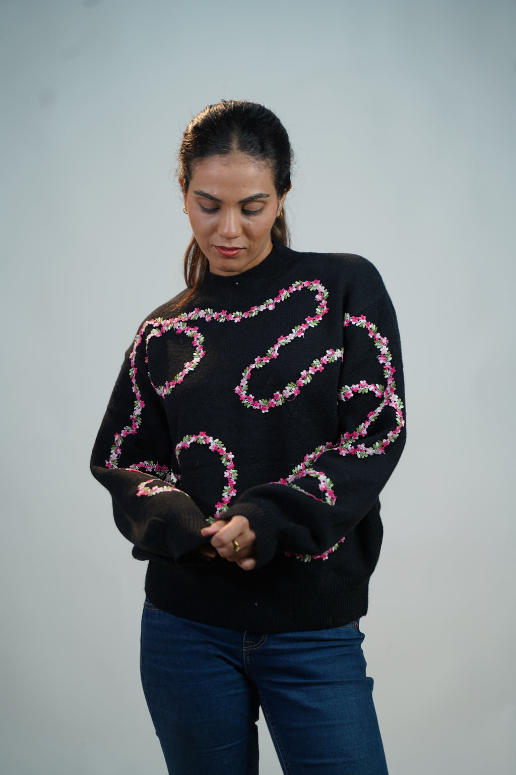 Floral Embellished Sweater Black