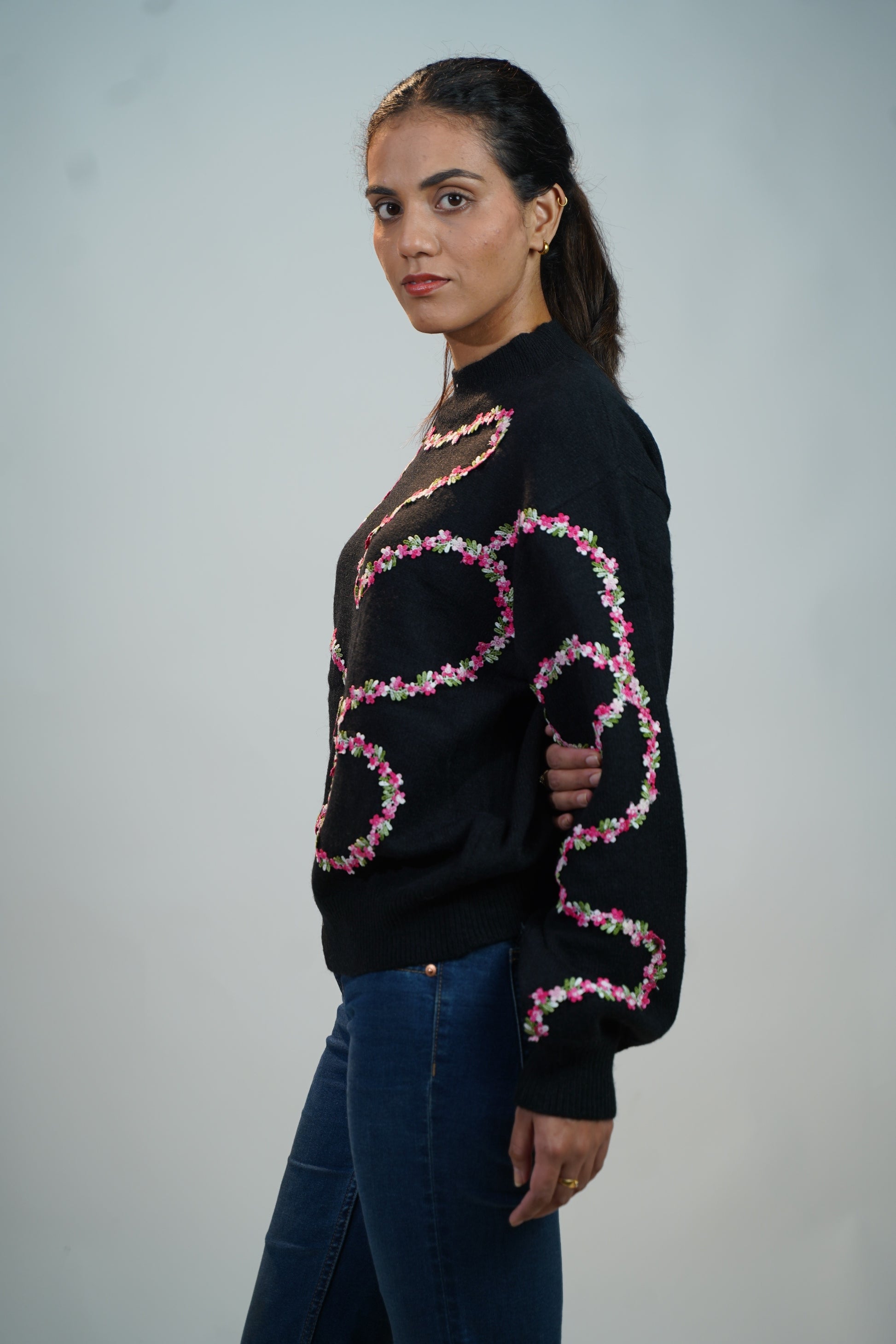 Floral Embellished Sweater Black