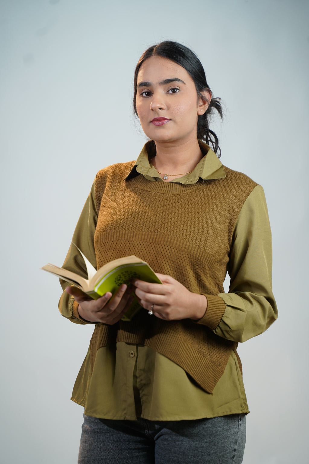 Shirt-Sweater Fusion Top Olive