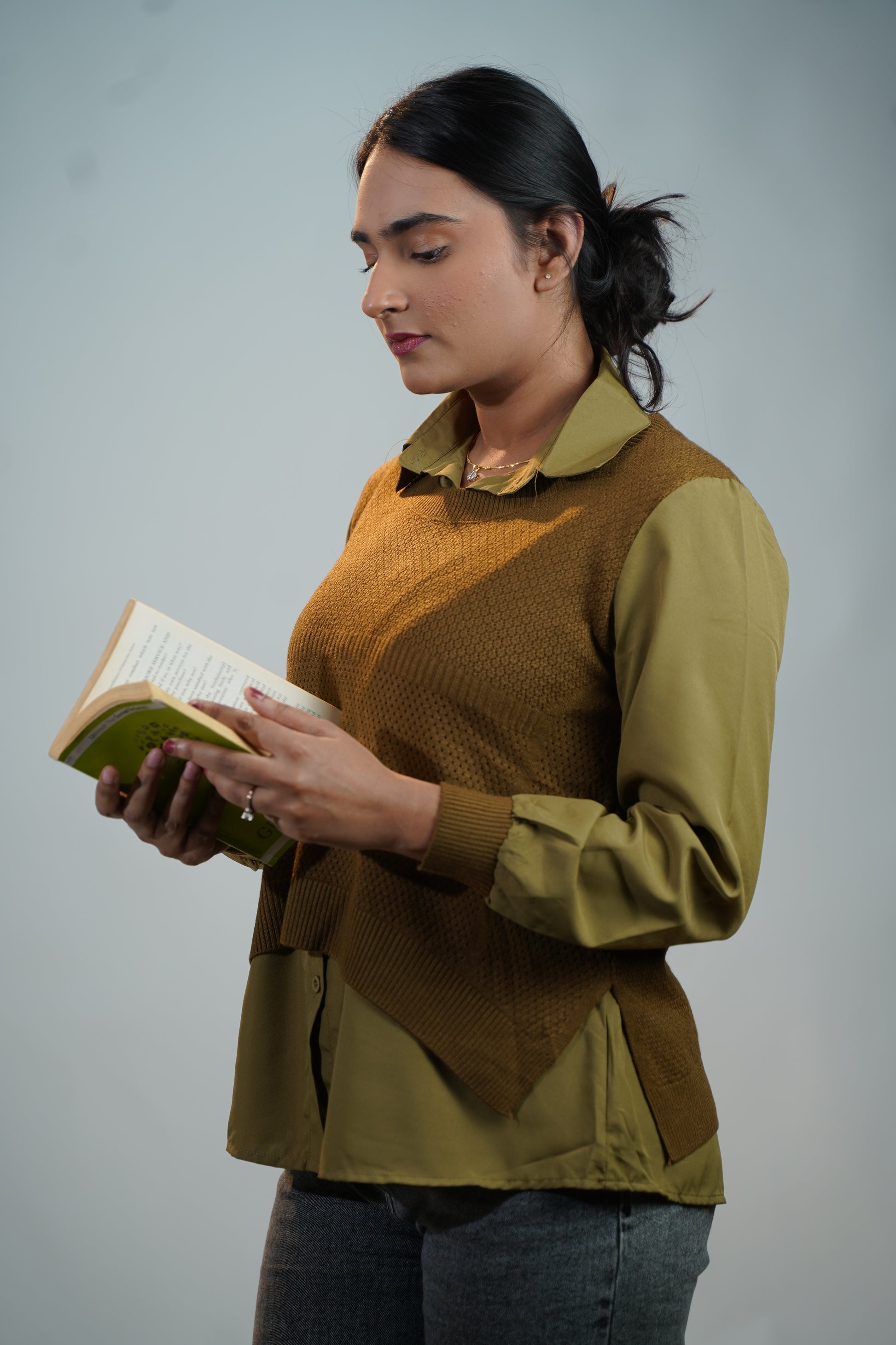 Shirt-Sweater Fusion Top Olive