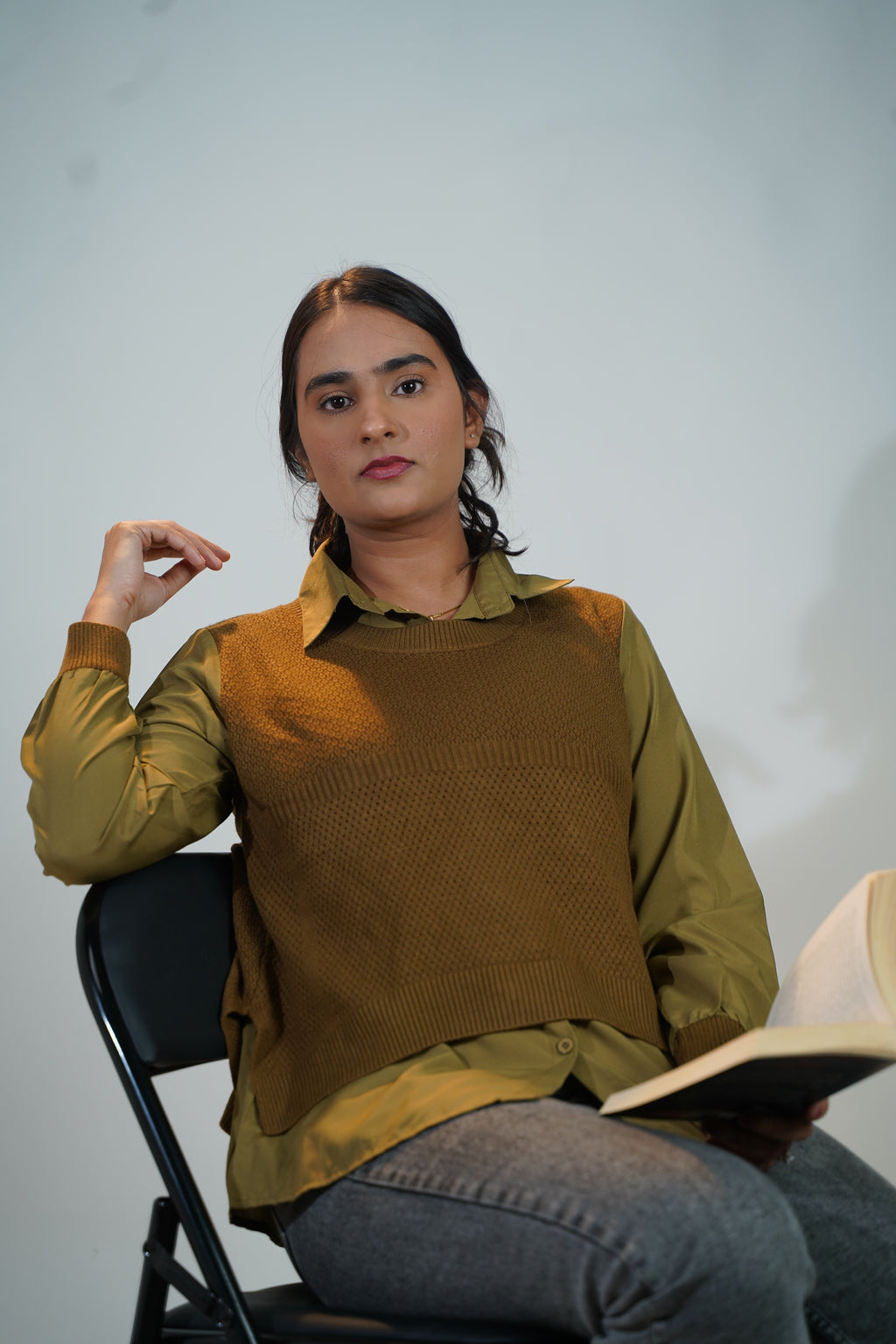 Shirt-Sweater Fusion Top Olive