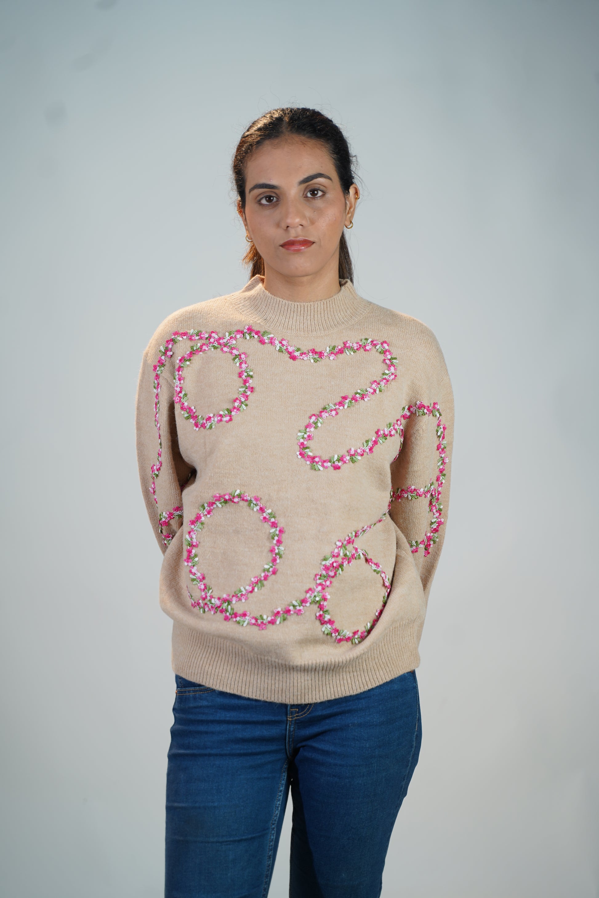 Floral Embellished Sweater Beige