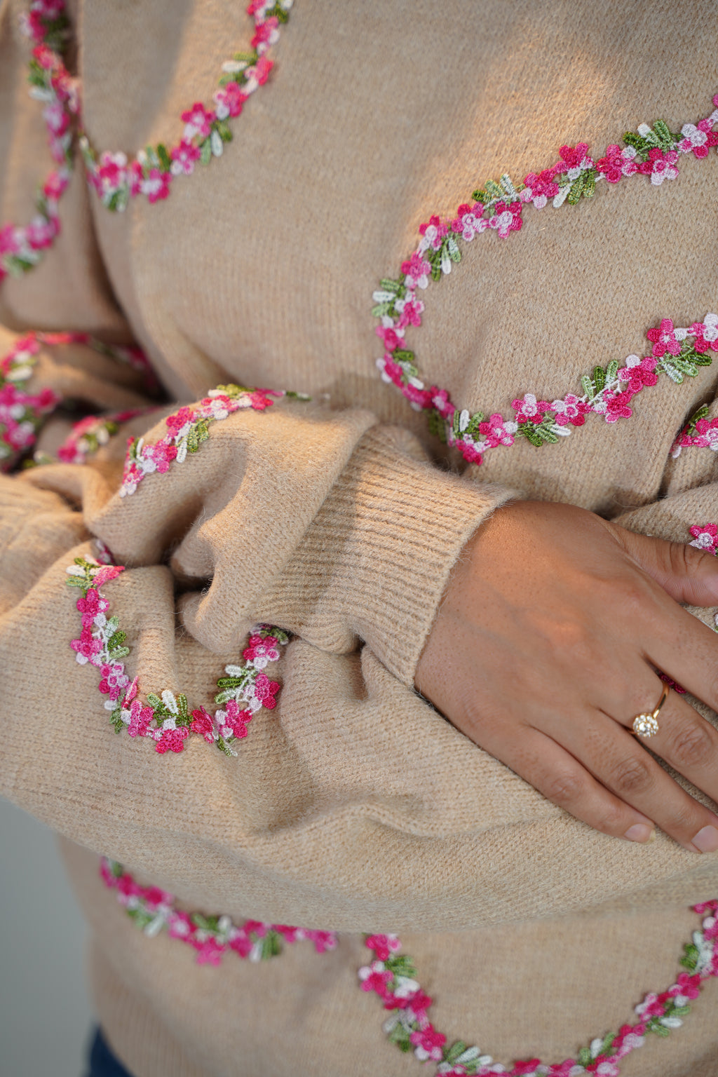 Floral Embellished Sweater Beige