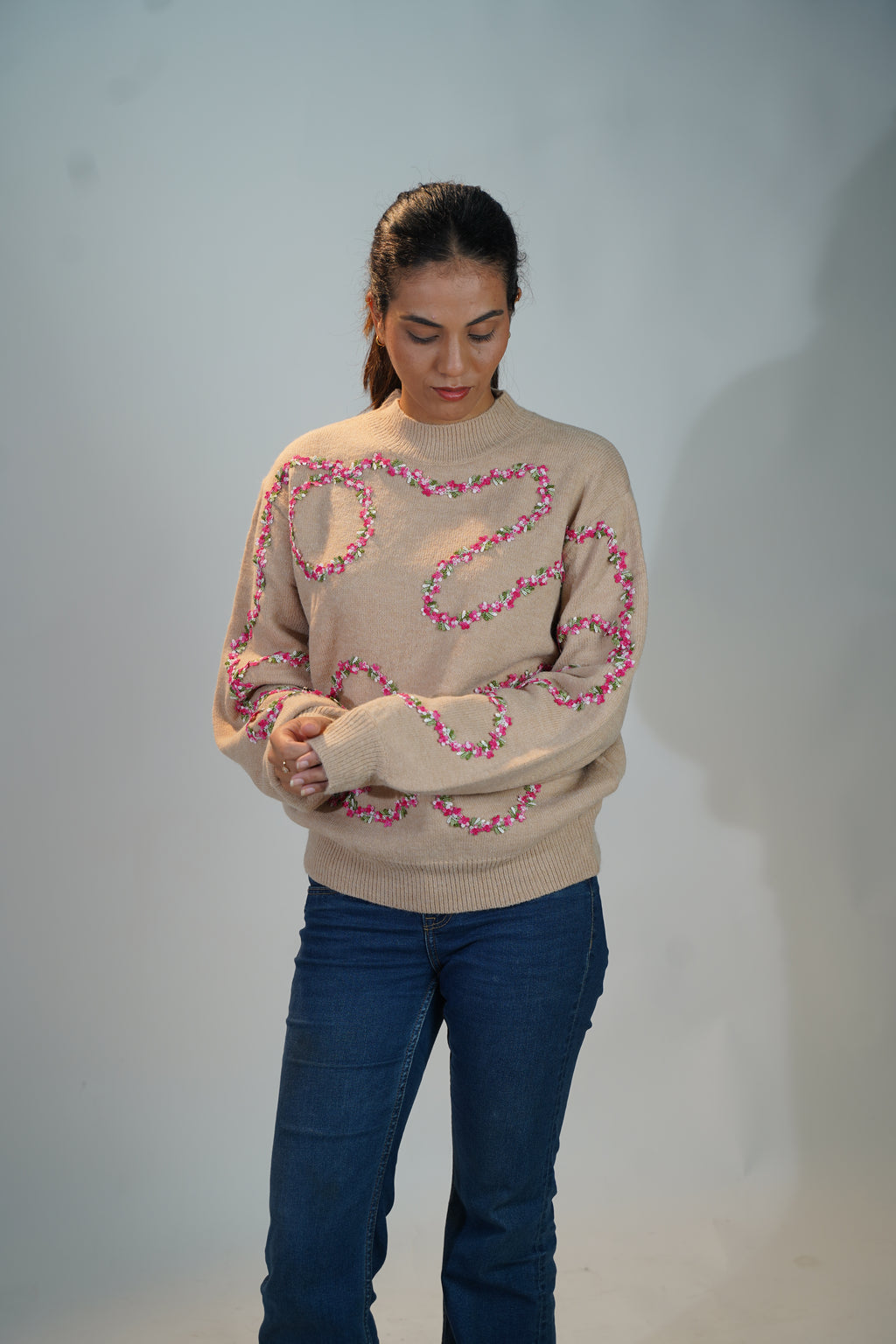 Floral Embellished Sweater Beige