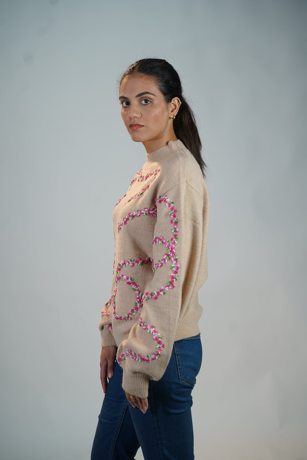 Floral Embellished Sweater Beige