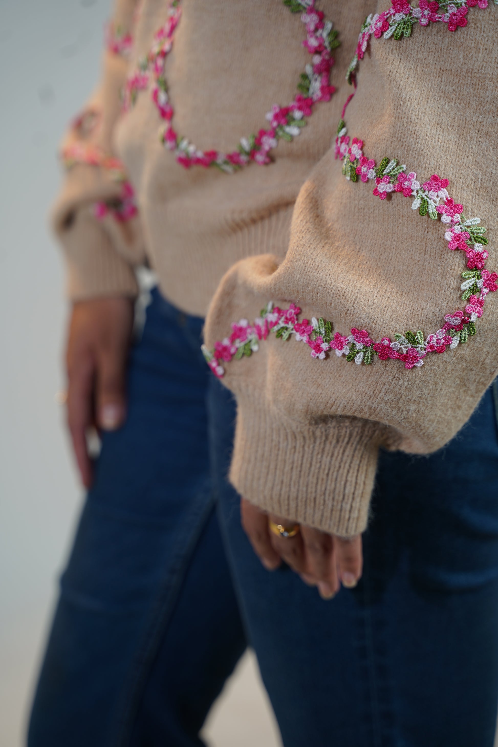 Floral Embellished Sweater Beige