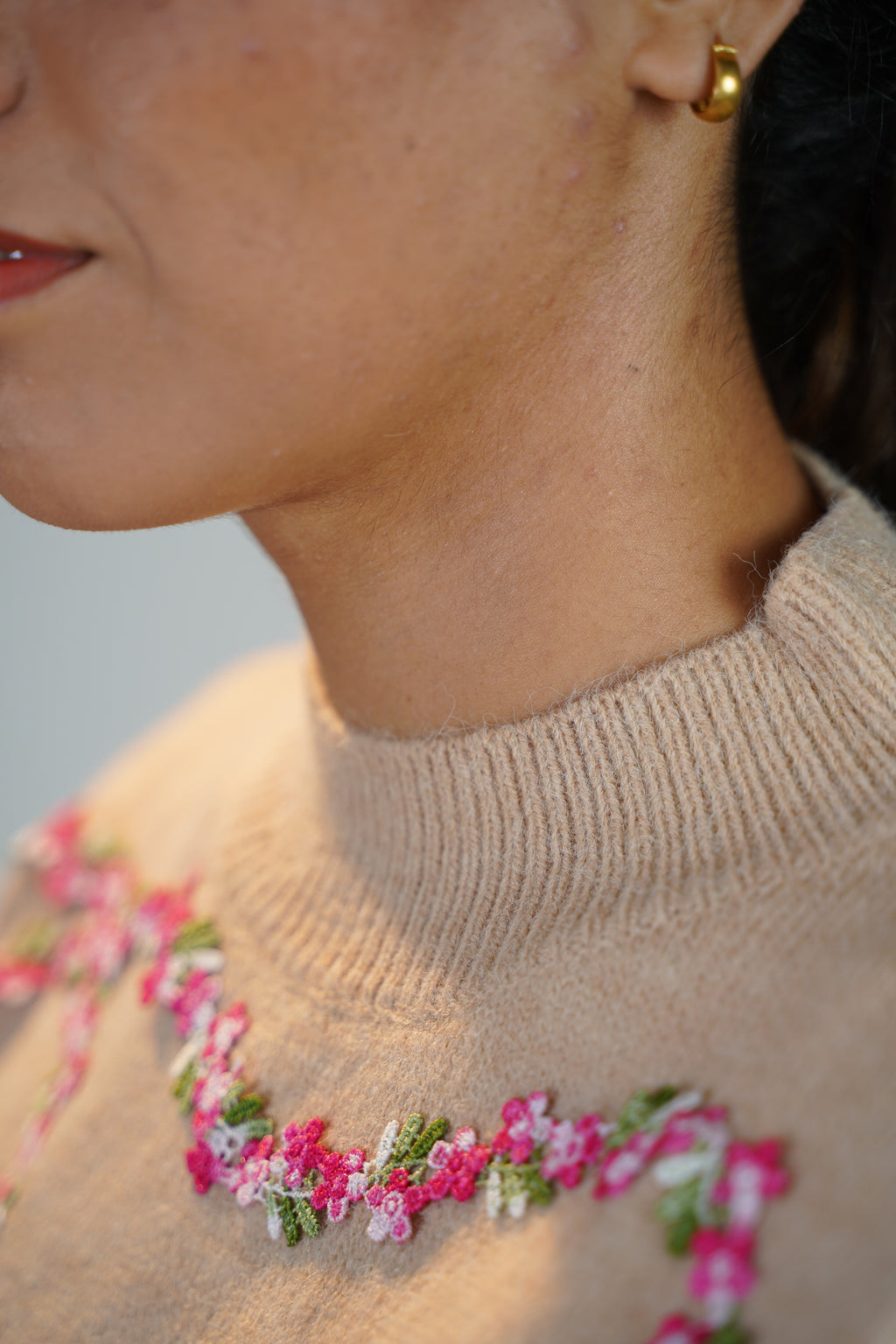 Floral Embellished Sweater Beige