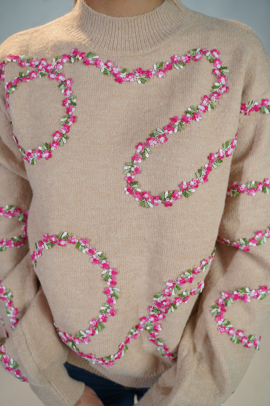 Floral Embellished Sweater Beige