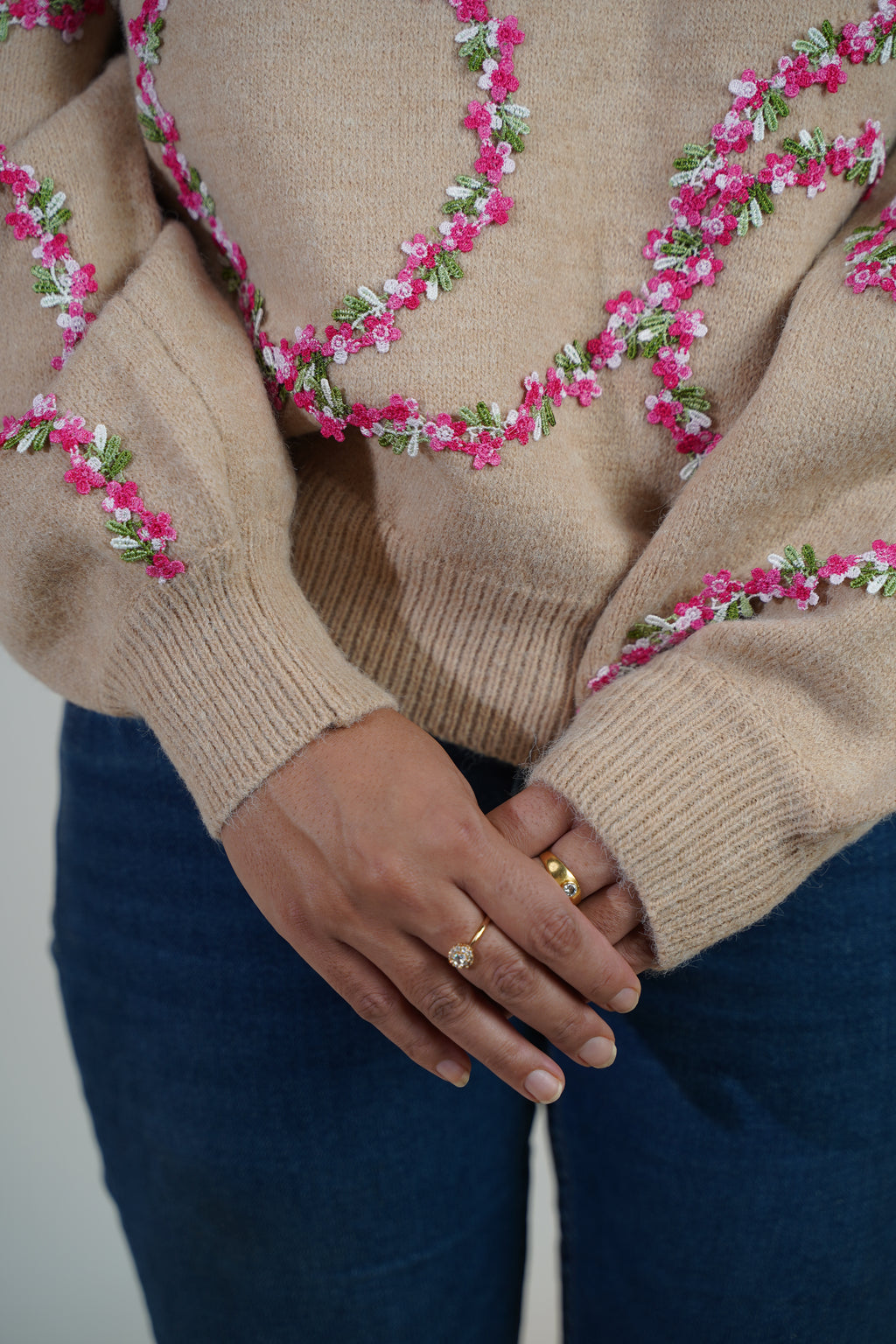 Floral Embellished Sweater Beige