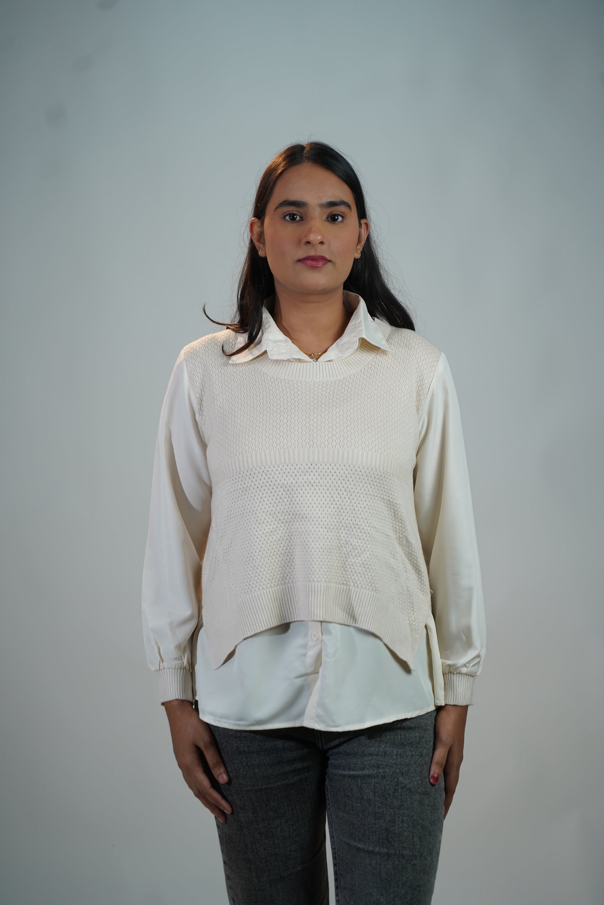 Shirt-Sweater Fusion Top  White