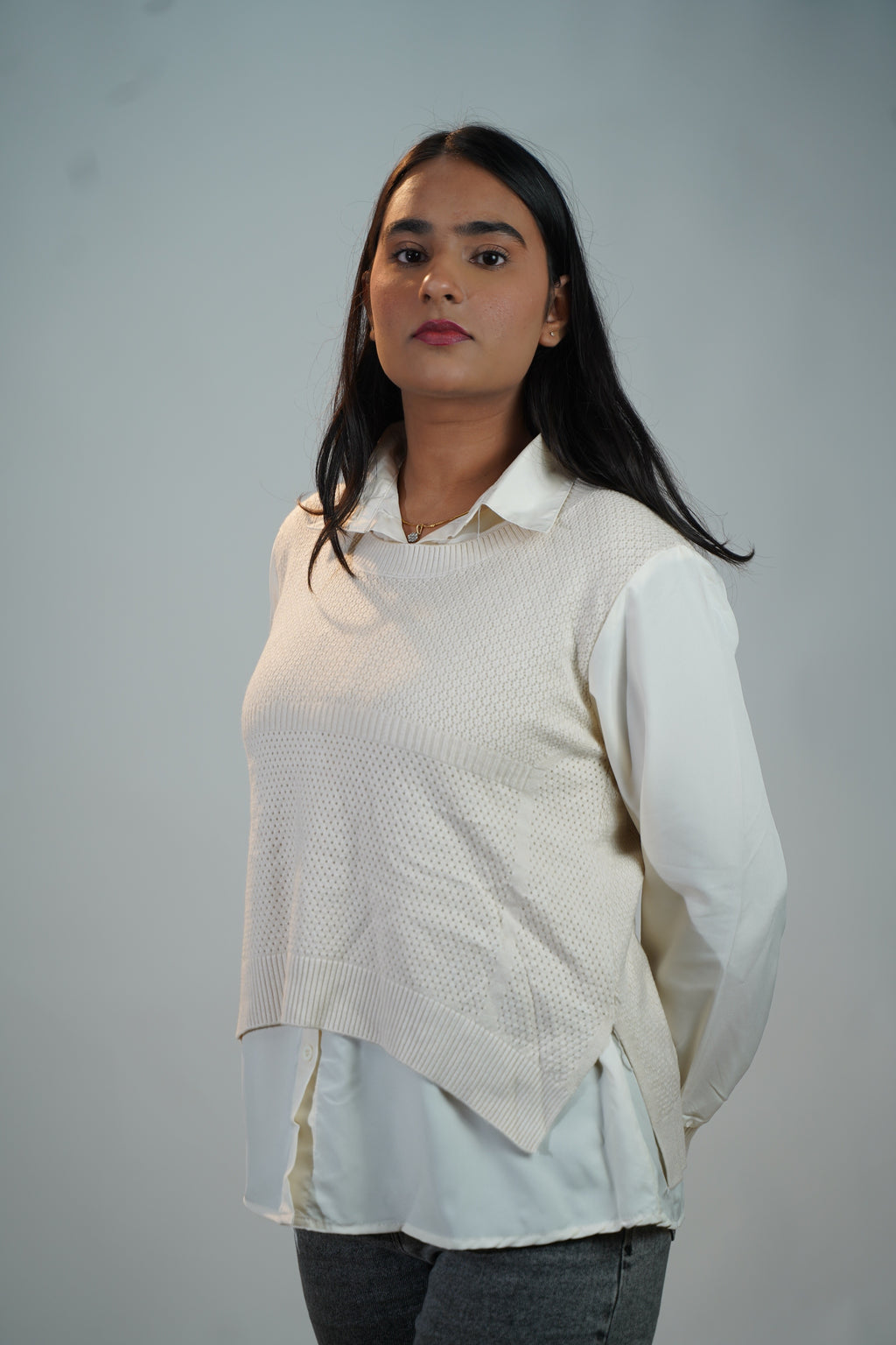 Shirt-Sweater Fusion Top  White