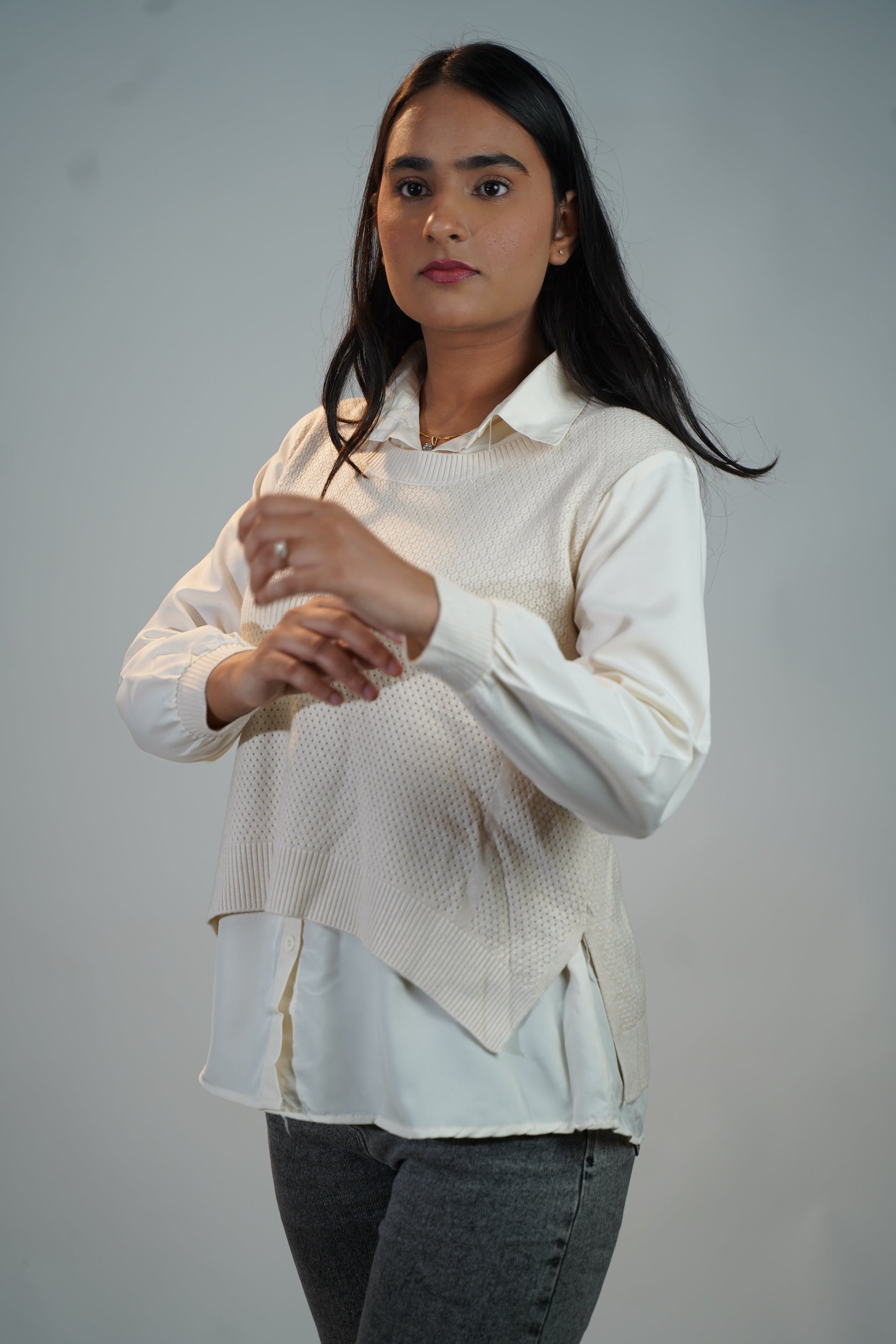 Shirt-Sweater Fusion Top  White