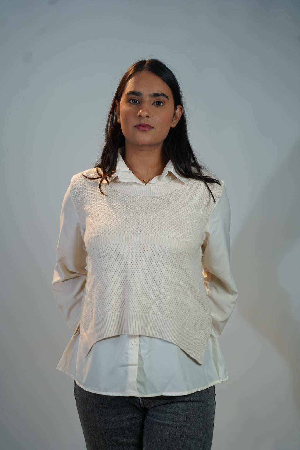 Shirt-Sweater Fusion Top  White