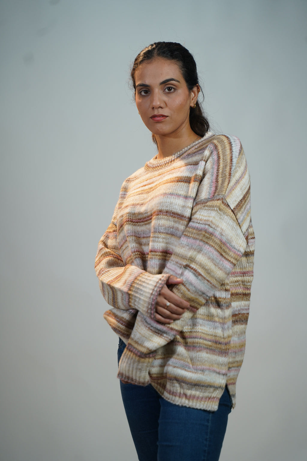Multicolour Striped Baggy Sweater Brown