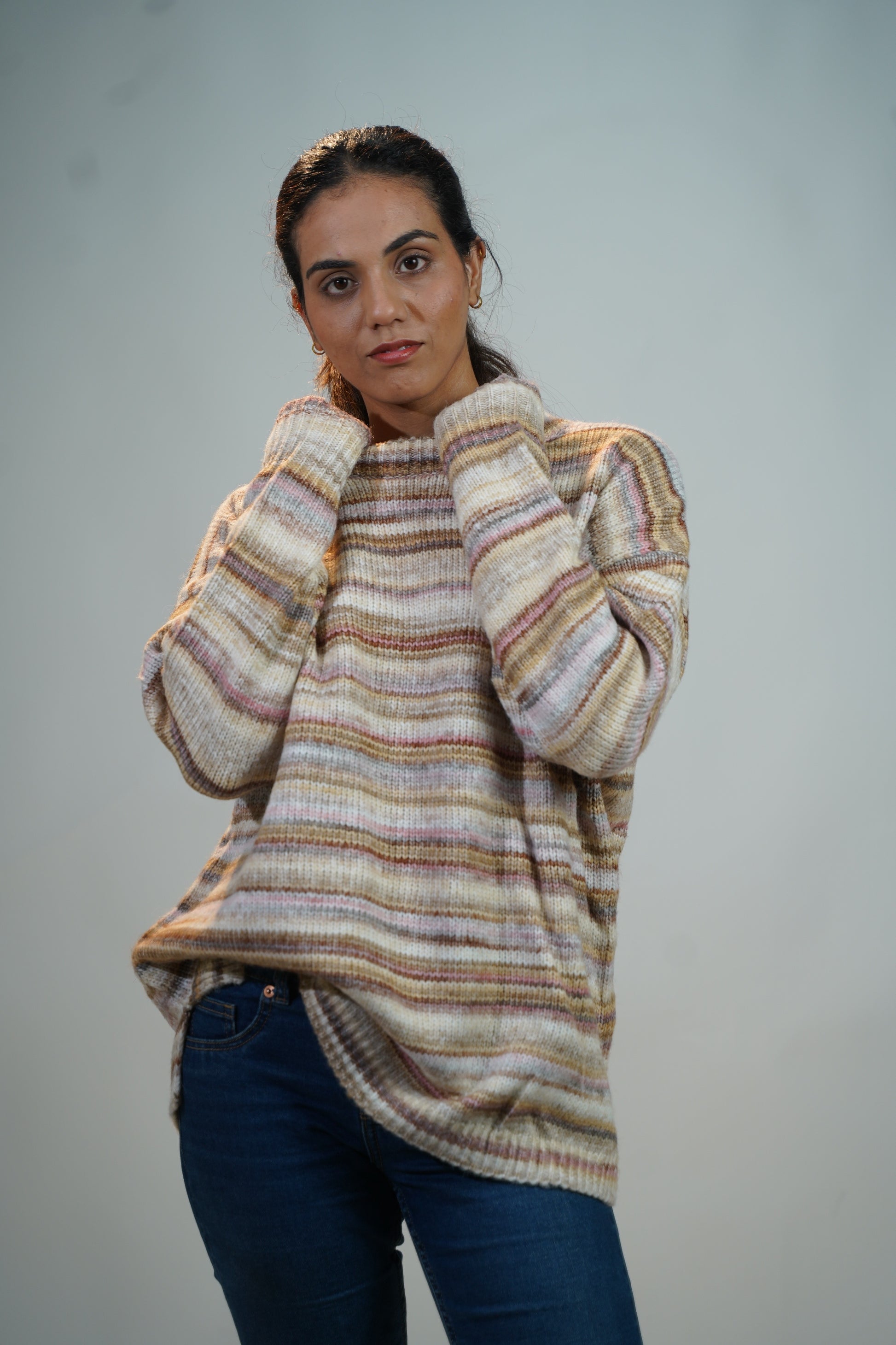 Multicolour Striped Baggy Sweater Brown