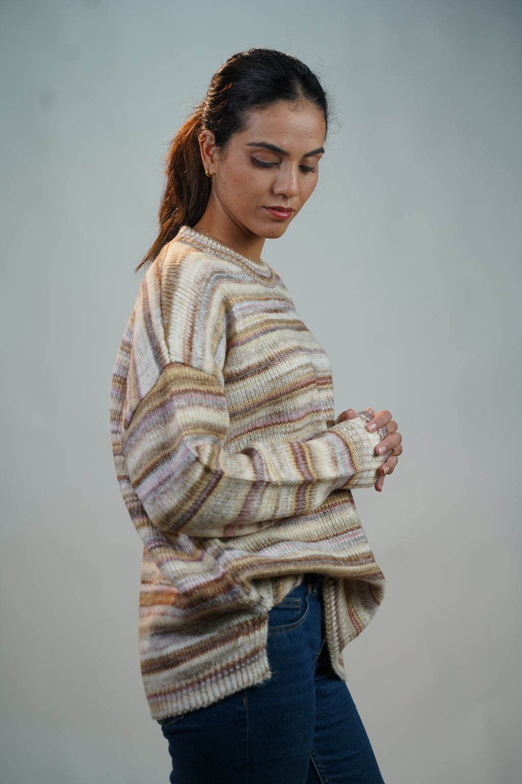 Multicolour Striped Baggy Sweater Brown