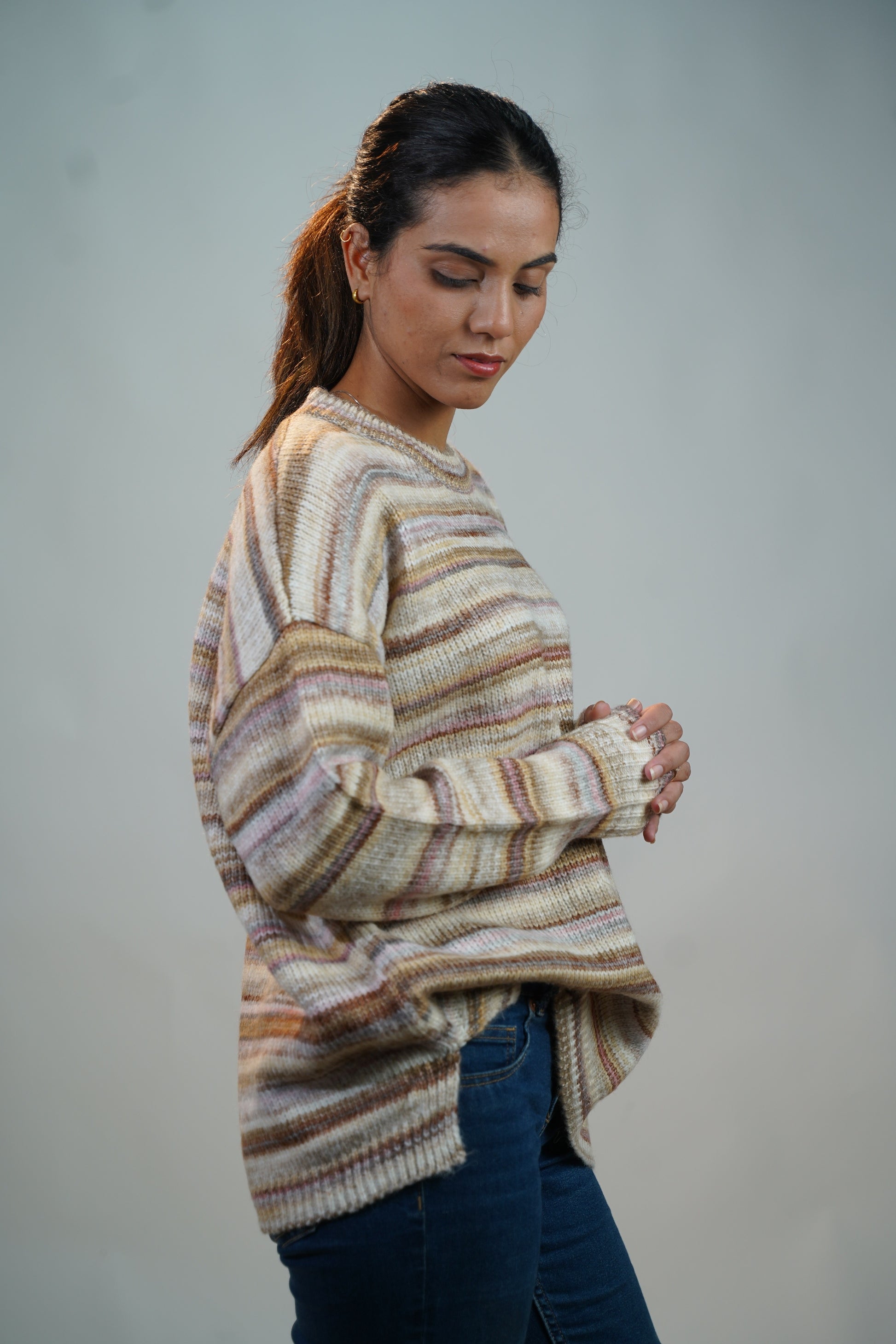 Multicolour Striped Baggy Sweater Brown