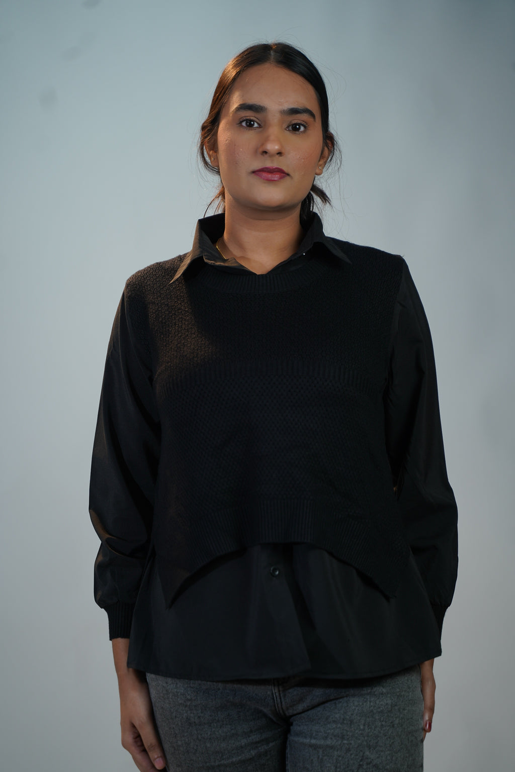 Shirt-Sweater Fusion Top Black