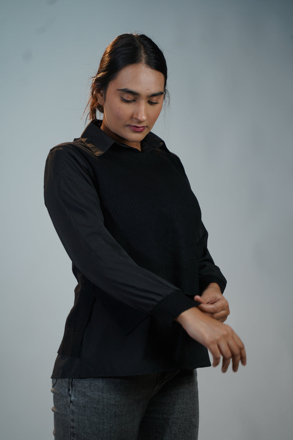 Shirt-Sweater Fusion Top Black