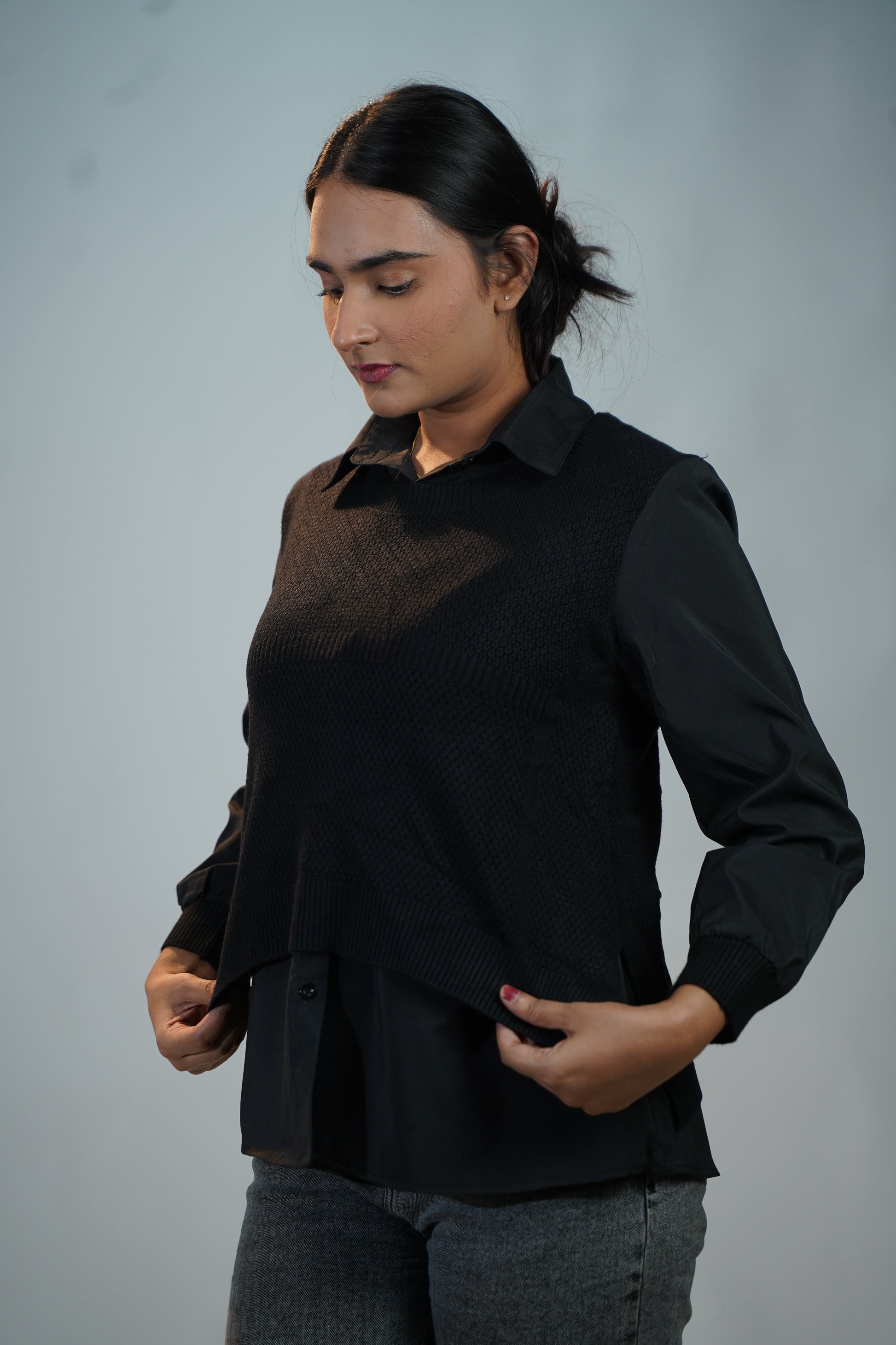 Shirt-Sweater Fusion Top Black