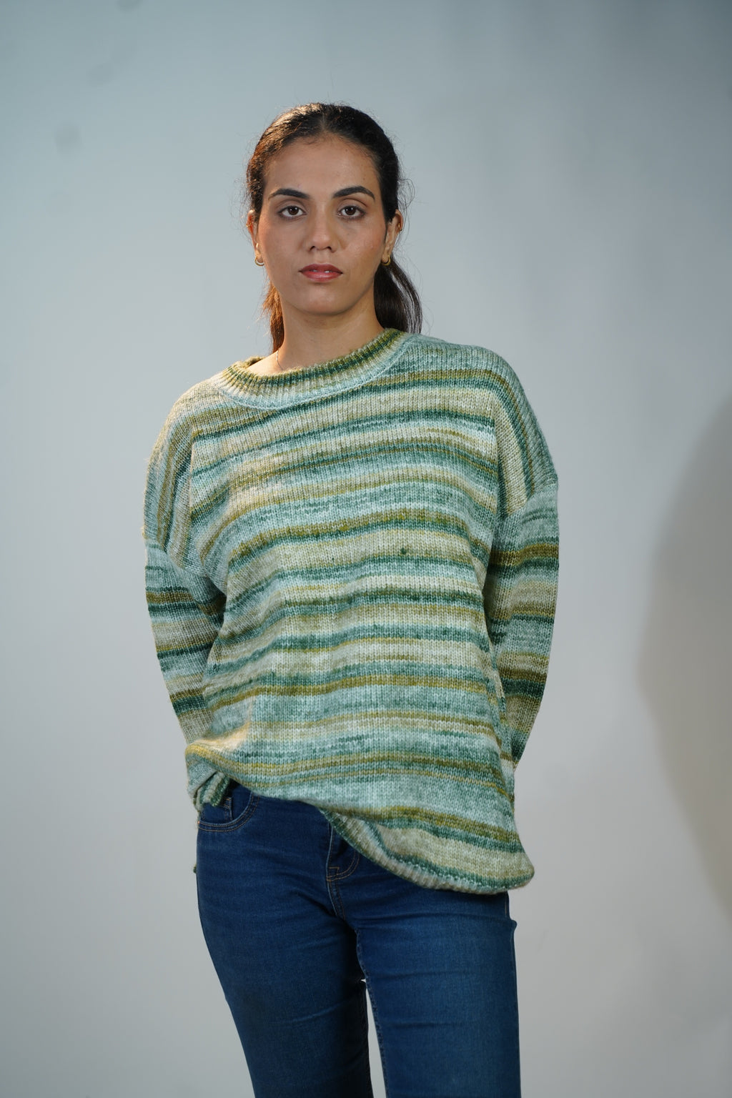 Multicolour Striped Baggy Sweater Green