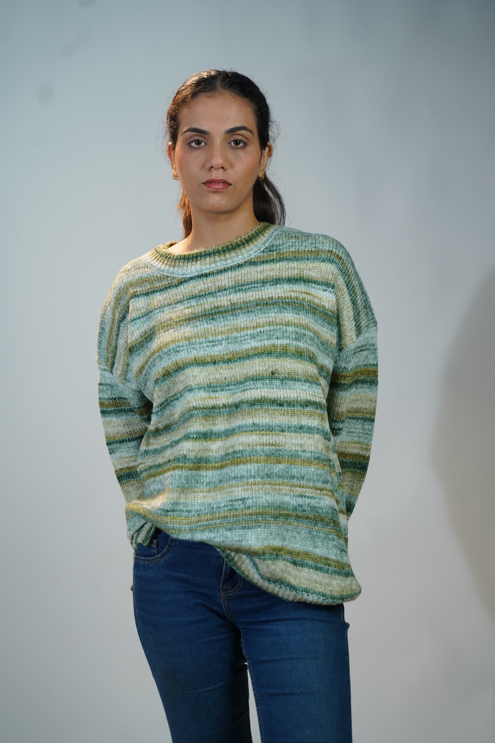 Multicolour Striped Baggy Sweater Green