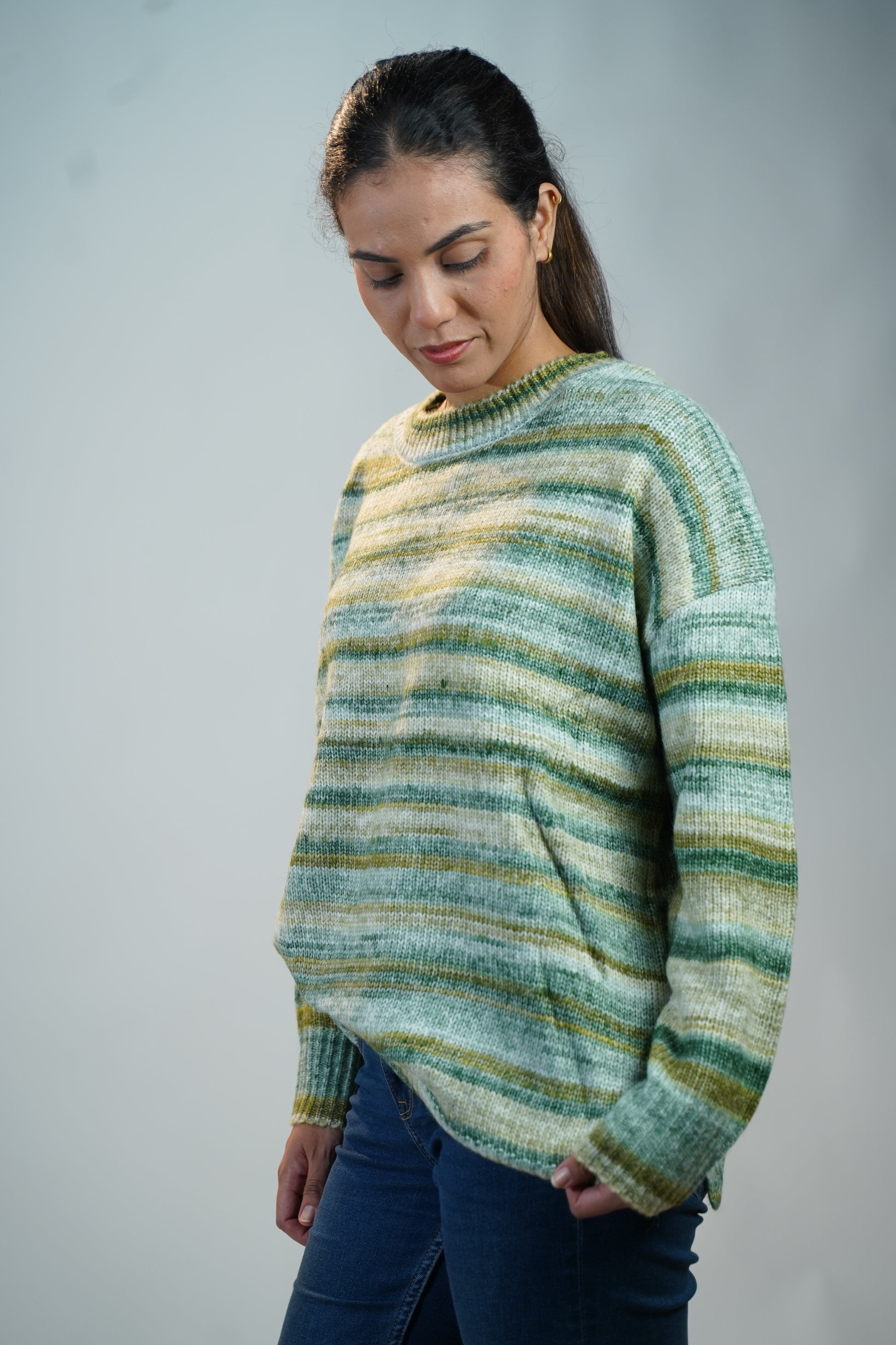 Multicolour Striped Baggy Sweater Green