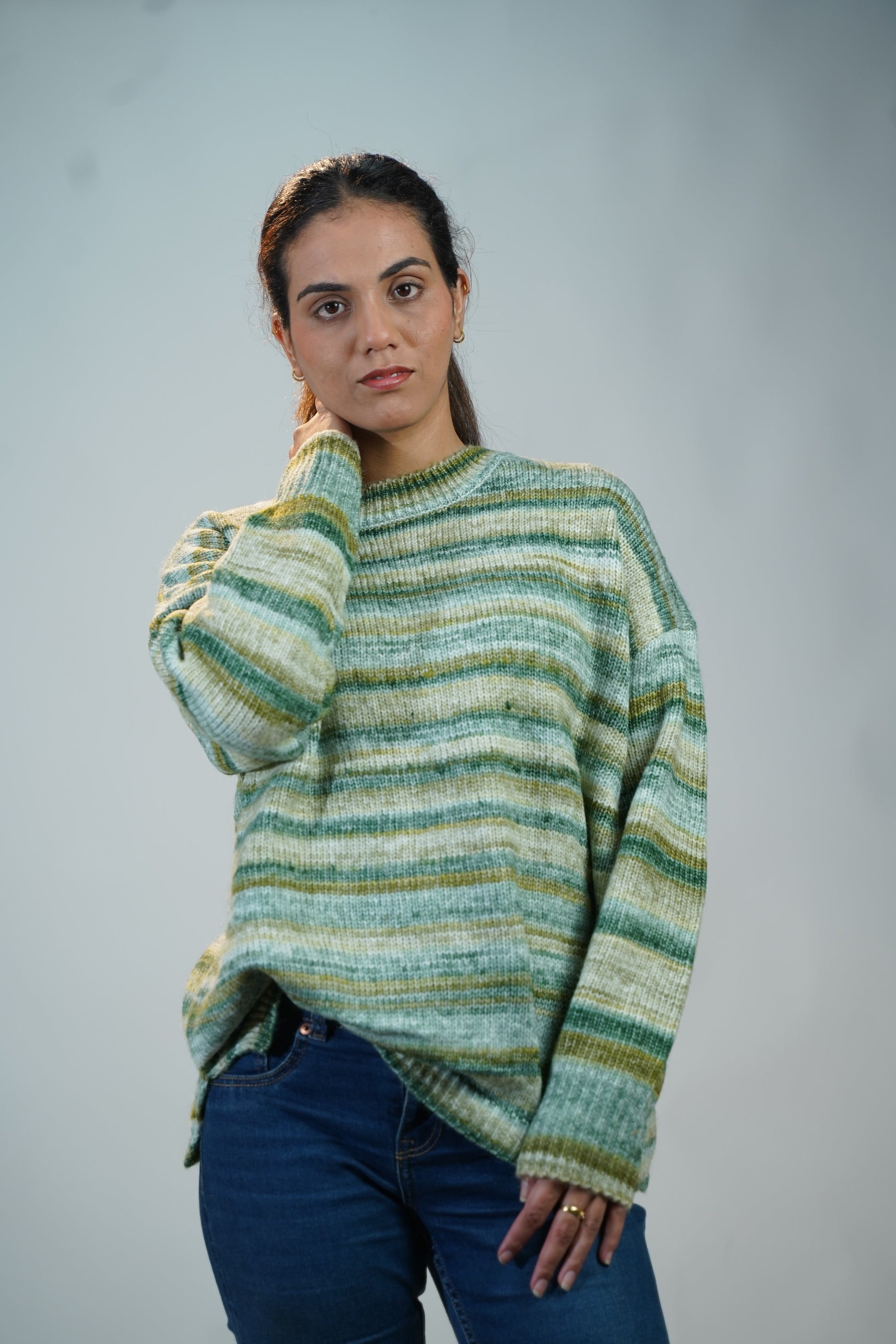 Multicolour Striped Baggy Sweater Green